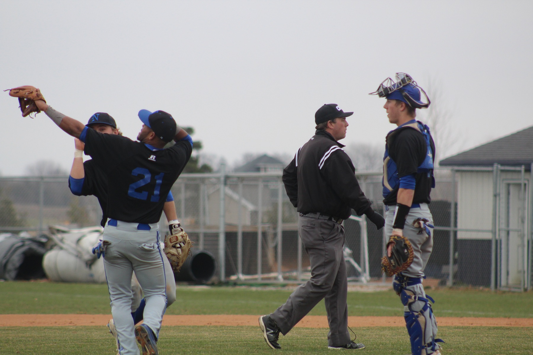 NIACC players celebrate Monday's 4-3, 14-inning win over DMACC.
