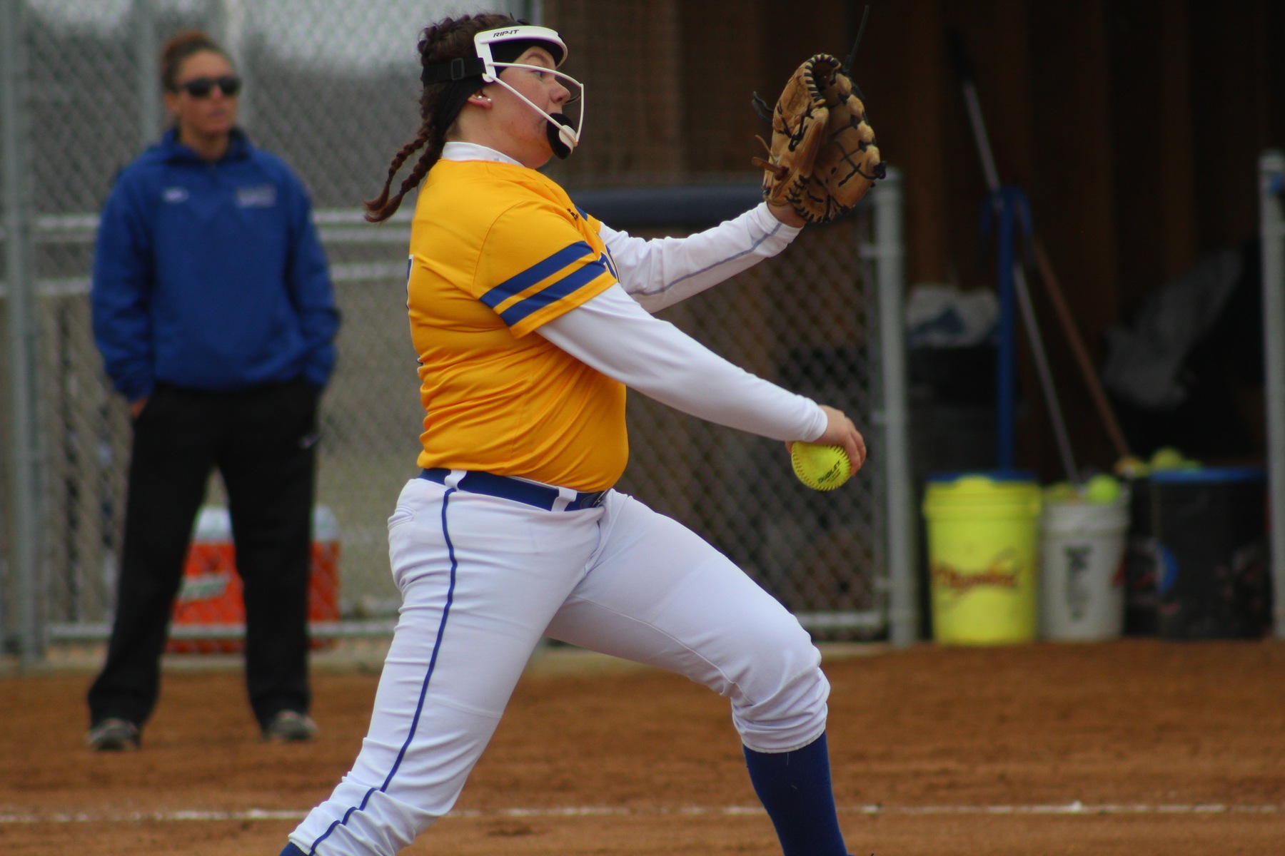 NIACC freshman Courtney Johannes throws delivers a pitch in Monday's doubleheader against DMACC.