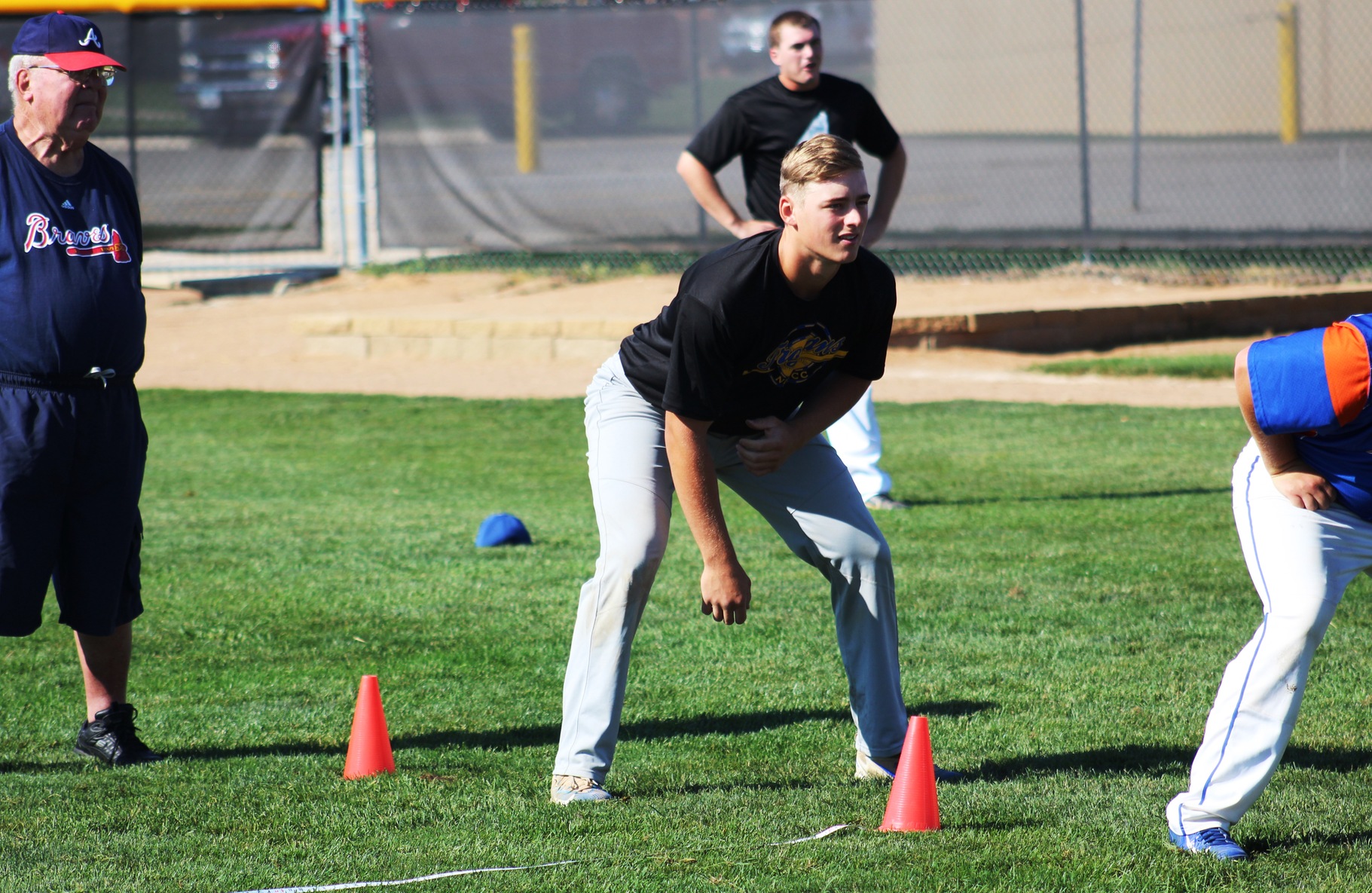 NIACC's Cade Schares gets ready to start the 60-yard dash at the Atlanta Braves tryout day Tuesday at Roosevelt Field.