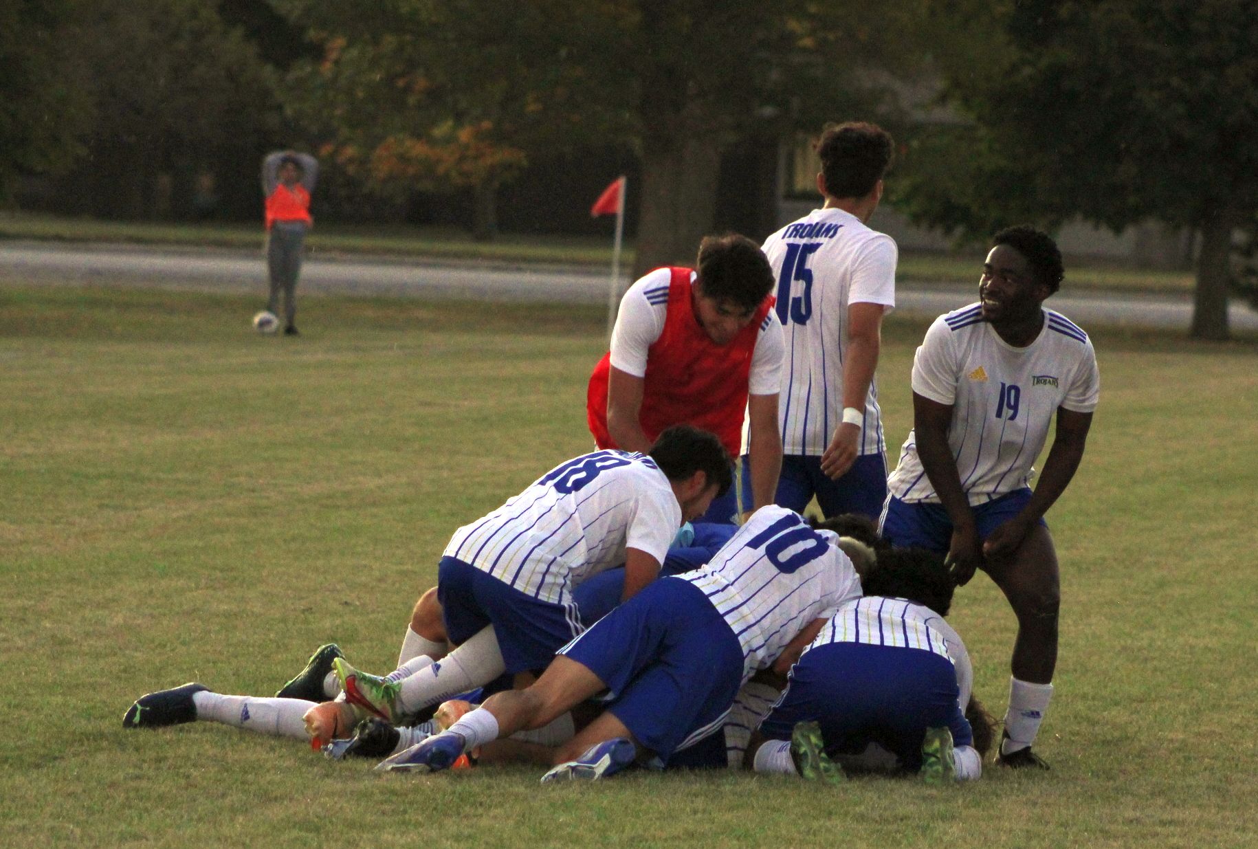 NIACC celebrates Pablo Salas game-tying goal in the final seconds of Wednesday's match against Iowa Central.