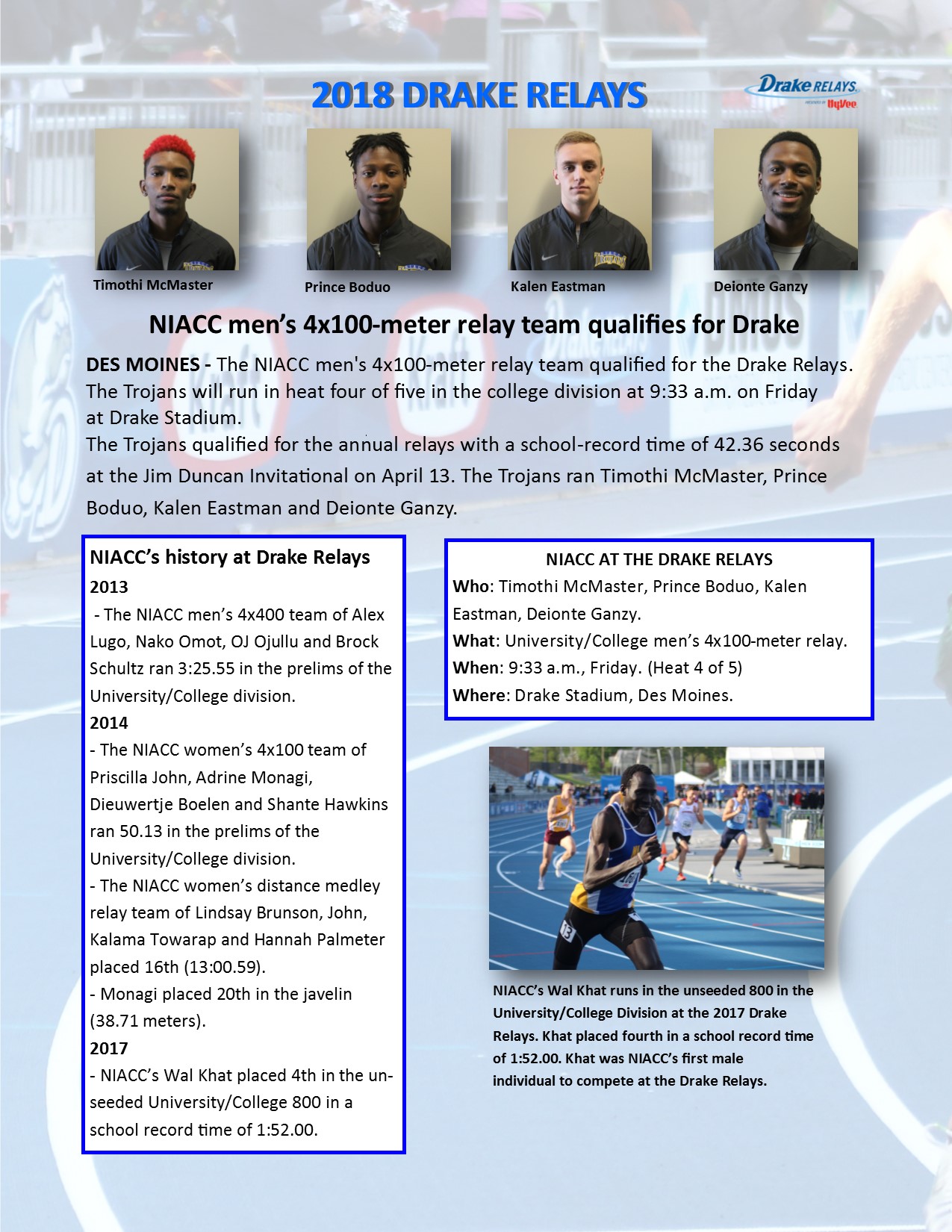 NIACC men's 4x100 team qualifies for Drake Relays