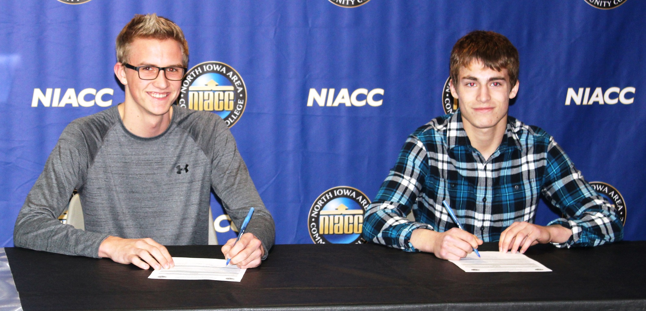 Garner-Hayfield/Ventura’s Logan Dalbeck (left) and West Fork’s Jacob Hansen both signed to run cross country and track at NIACC next season.