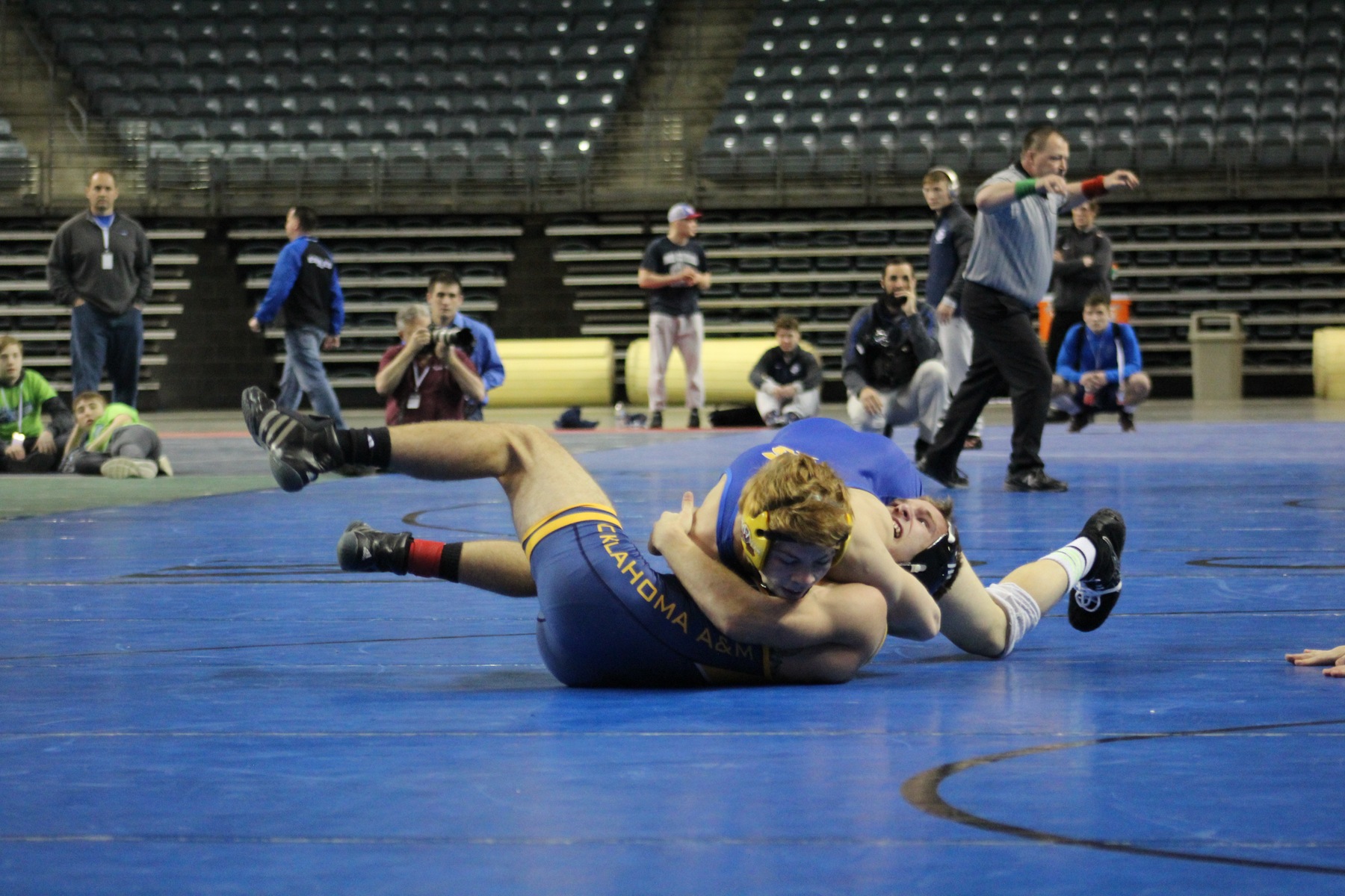 NIACC's Brennen Doebel pins Northeast Oklahoma's Logan Terrill in a 125-pound consolation match Saturday morning.