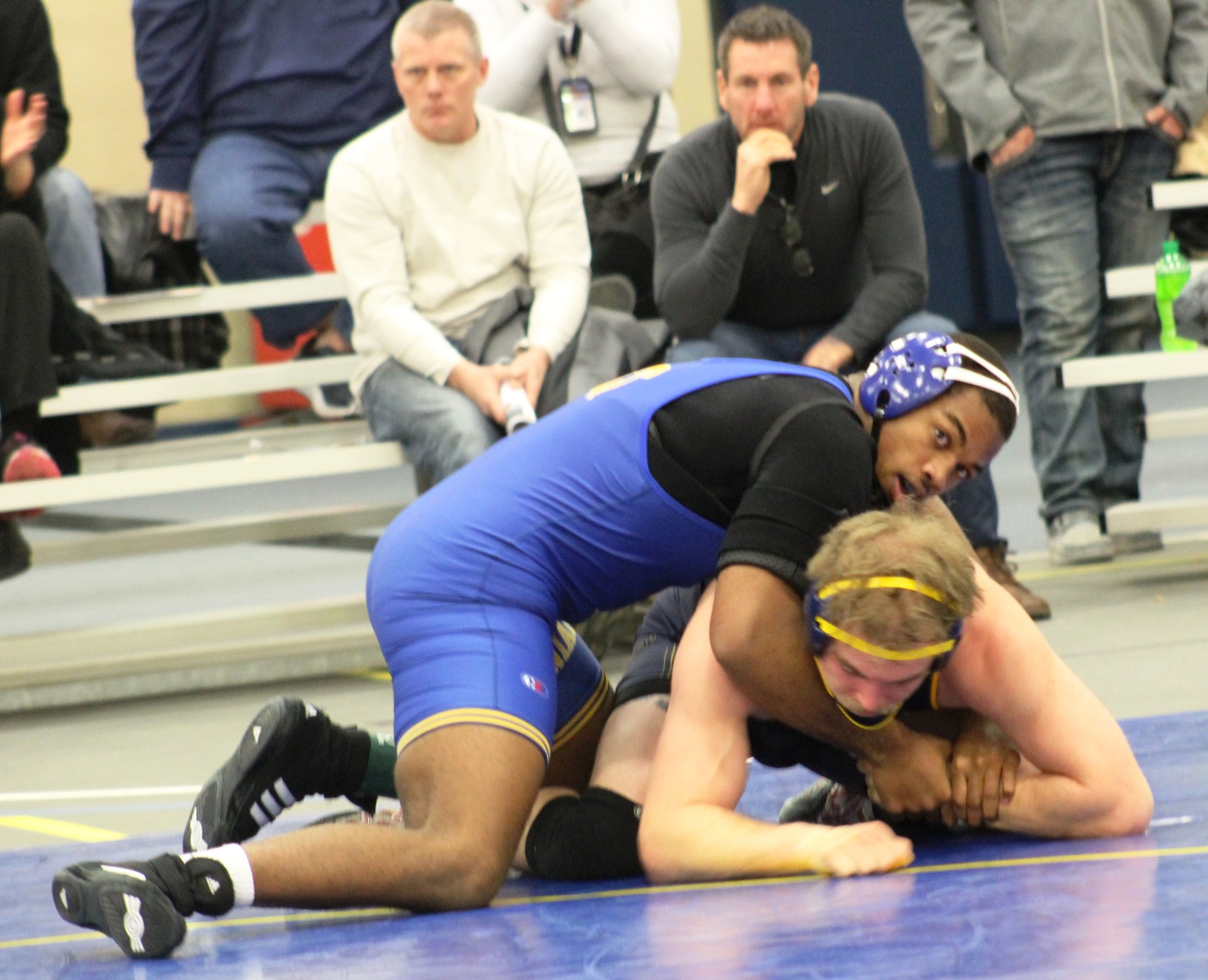 NIACC's Jaylen Lee controls RCTC's Dustin Lee in their 184-pound match Thursday in the NIACC recreation center. NIACC's Lee gained a pin in 4:31 to lift the Trojans to a 24-16 dual-meet victory.