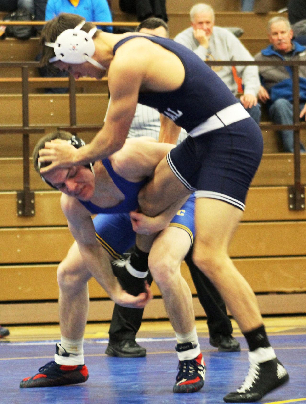 NIACC's Tucker Black tries for a takedown against Merrick Purcell in their 165-pound match Wednesday night in the NIACC gym. Black won 8-3.