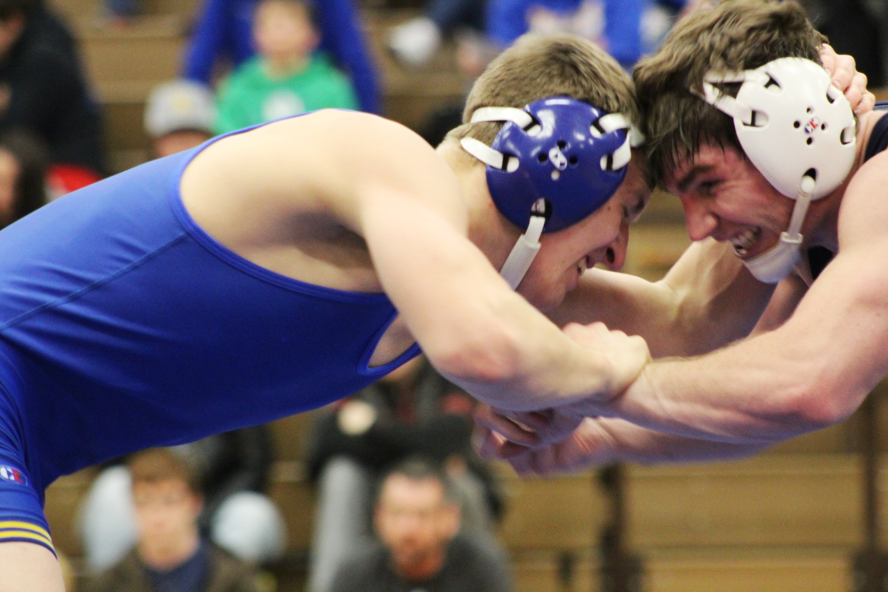 NIACC's 165-pounder Ryan Faught (left) battles with Iowa Central's Tyson Dowler in Wednesday's dual.
