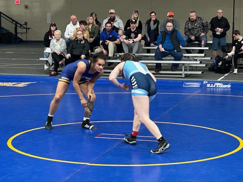 NIACC's Essie McCleish squares off against Iowa Central's Hadlie Hood in their 136-pound match on Wednesday.