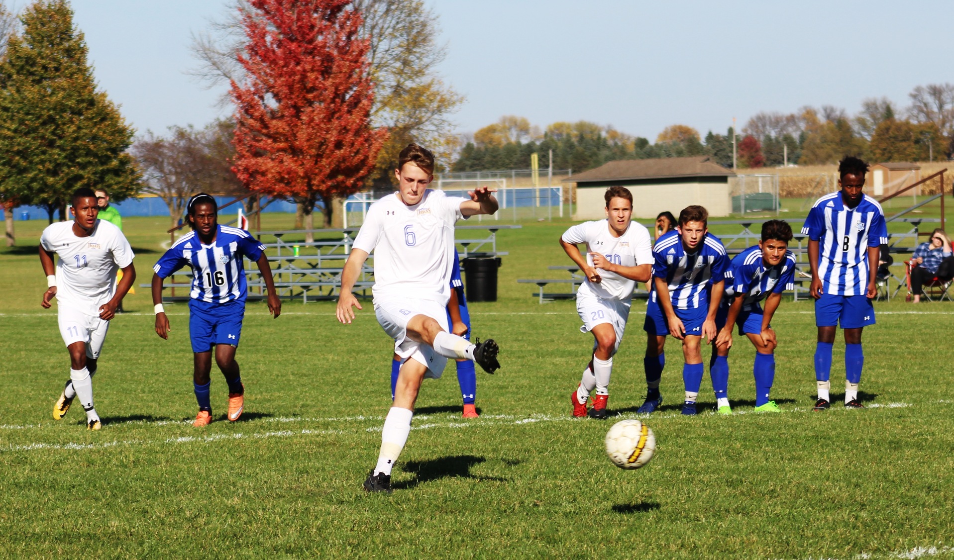 NIACC's Harry Holland scores on a penalty kick in the first half of Tuesday against DCTC.