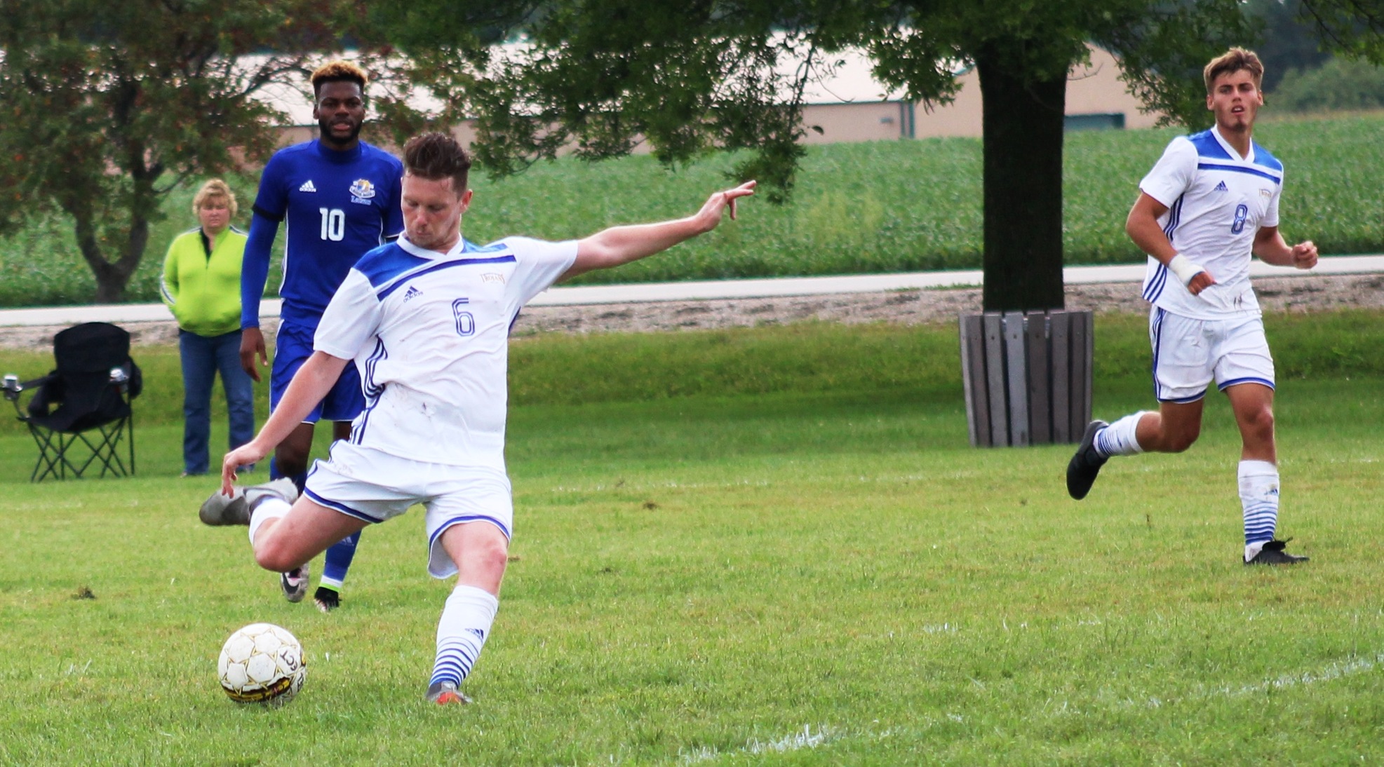 NIACC's Cian Morley kicks the ball down the field in Wednesday's match against Iowa Lakes.
