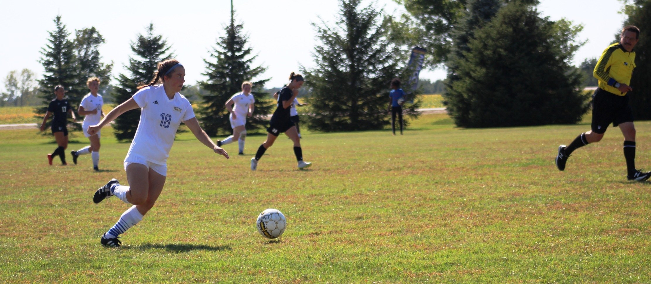 NIACC's Emily Jay moves the ball up the field in Wednesday's home match against Northeast CC.