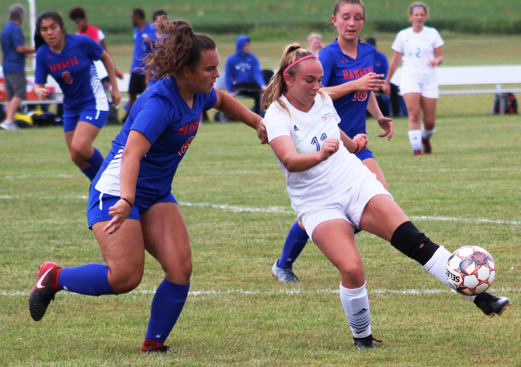 NIACC's Sophia Gebl kicks the ball in the first half of Saturday's contest against Hawkeye CC.