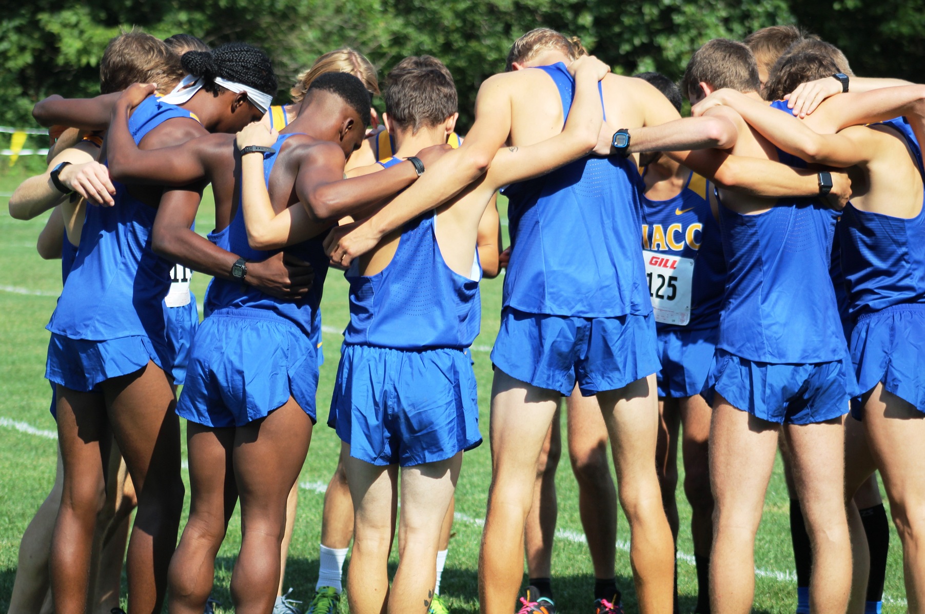 The NIACC men's cross country team huddles up before the start of the regional time trial on on Aug. 26 in Council Bluffs.