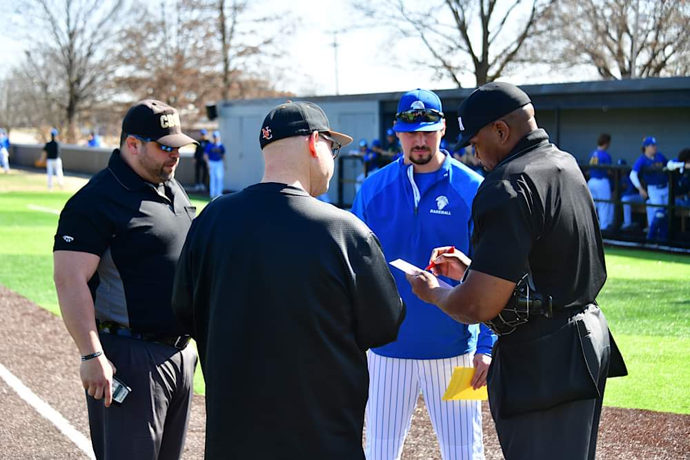 NIACC baseball coach Josh Merrill at the pre-game meeting on Sunday.