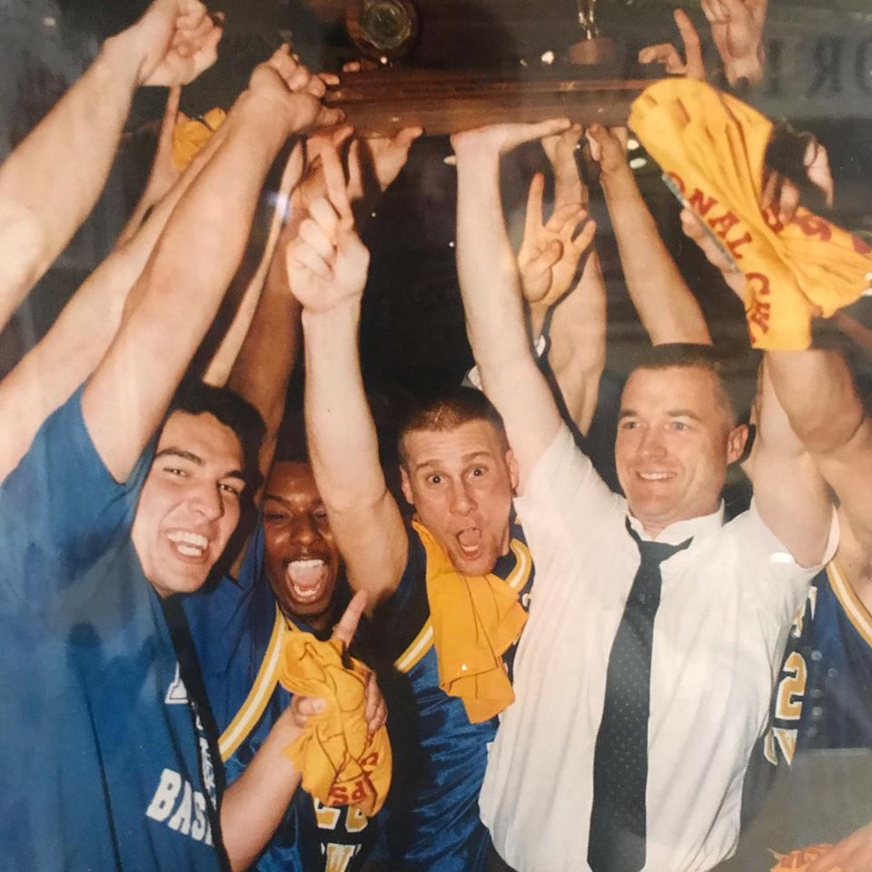 The NIACC men's basketball team celebrates its 1995 national championship.