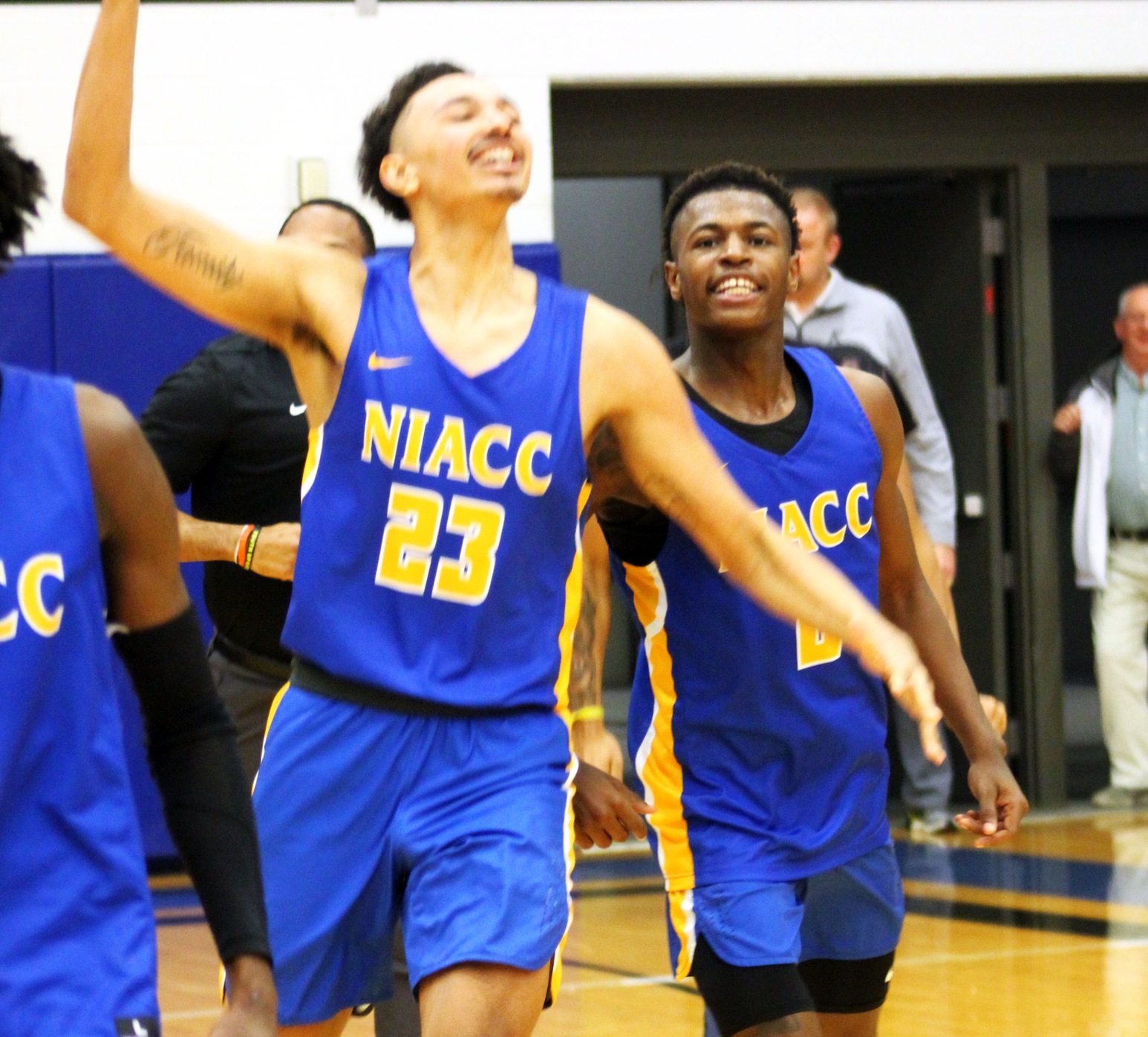 NIACC players celebrate their semifinal win over Kirkwood in the regional semifinals.
