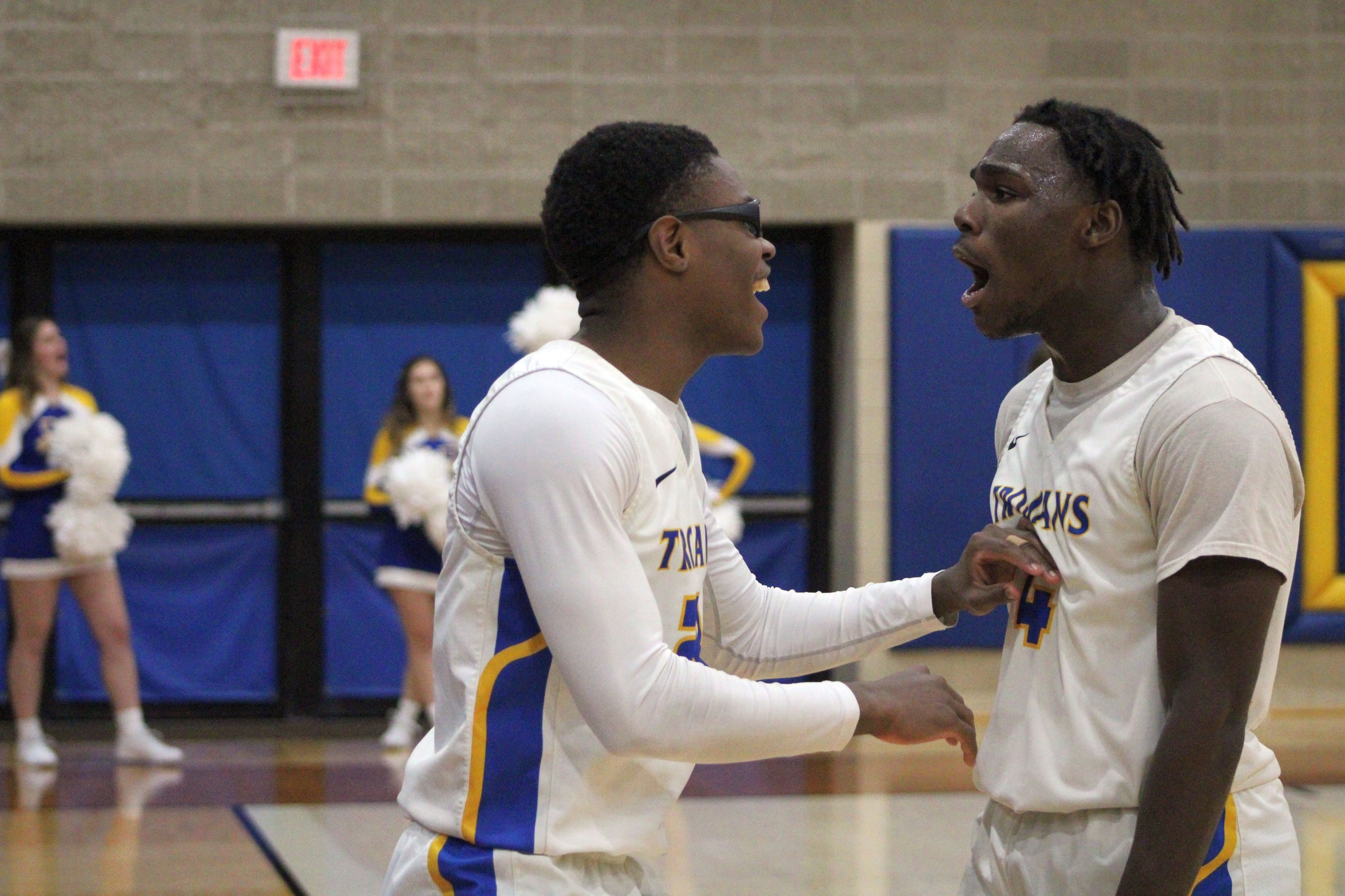 NIACC's Devon'dre Mayfield (left) and Jacques Kelly celebrate NIACC's 70-69 win over Bryant & Stratton on Monday.