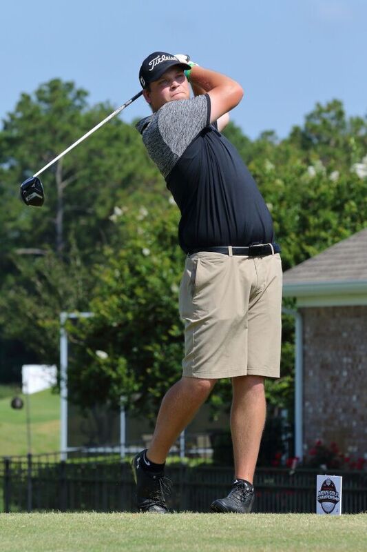 Devin Koob tees off at the national tournament in Foley, Ala. on Monday. Photo courtesy of Mississippi Gulf Coast sports information.