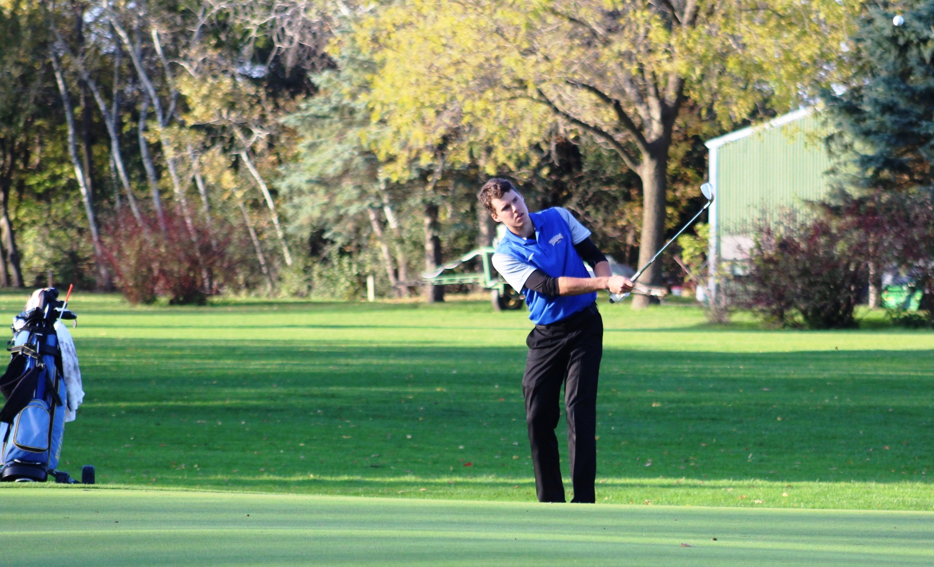NIACC's Josh Schaefer chips in on the 8th hole (2nd to last hole) for the win against DMACC's Waling/Wierson 2-1 in the third-place match at the Quad Cup.