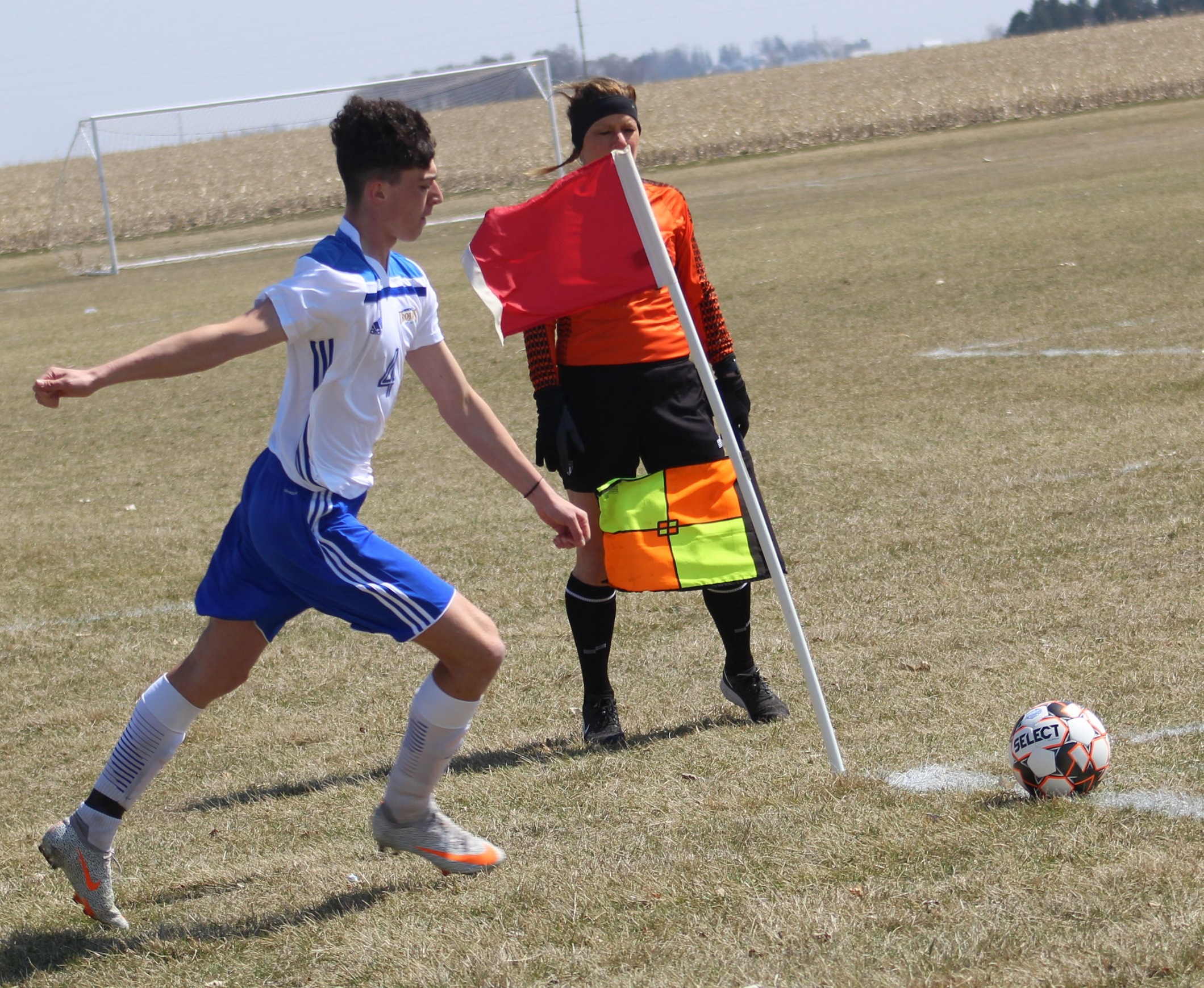 NIACC's Lewis Bowes takes a corner kick in first half of Friday's soccer match against Marshalltown CC.
