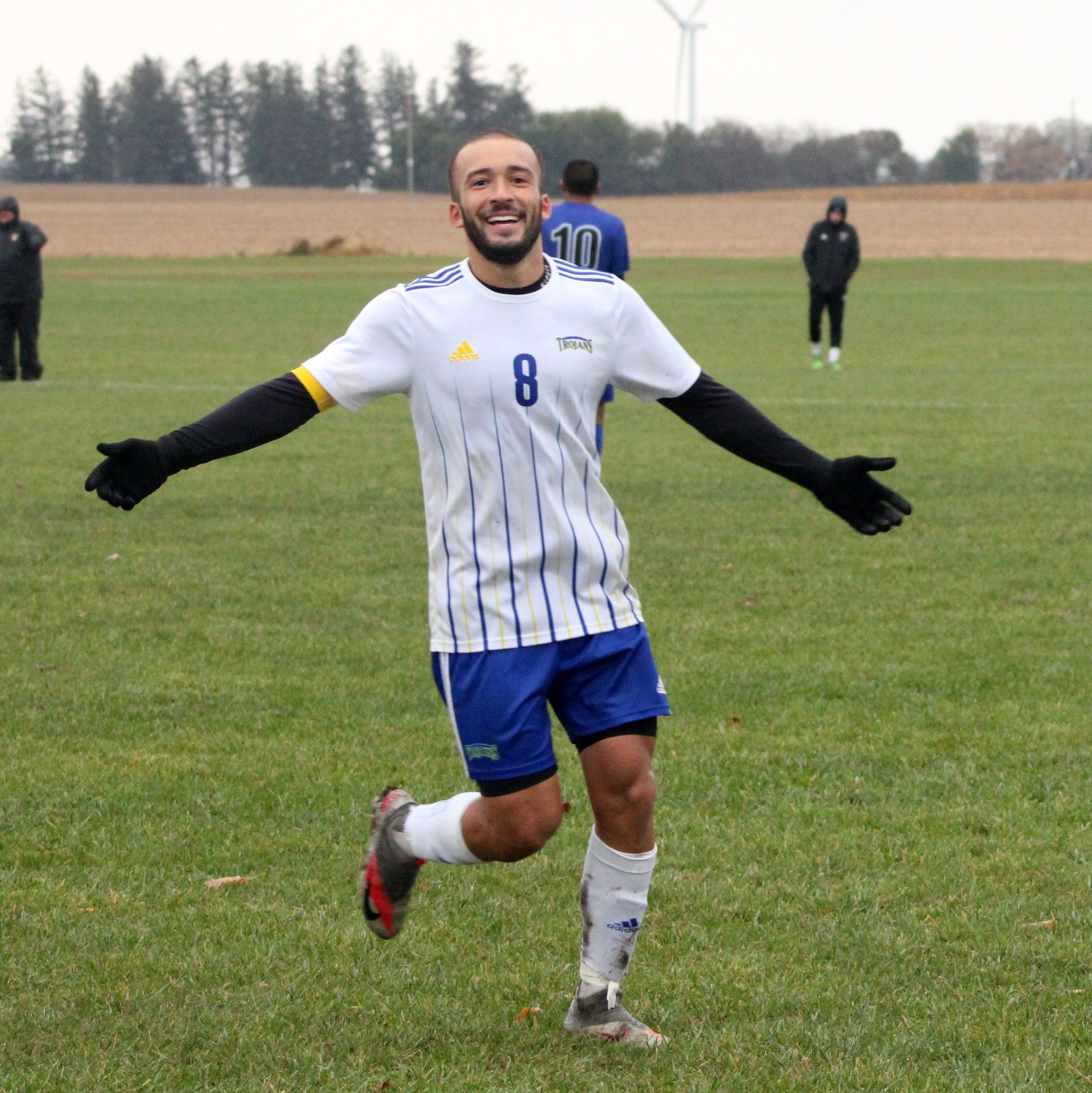 NIACC's Giovani Soares celebrates a goal in Sunday's regional tournament win over DCTC.