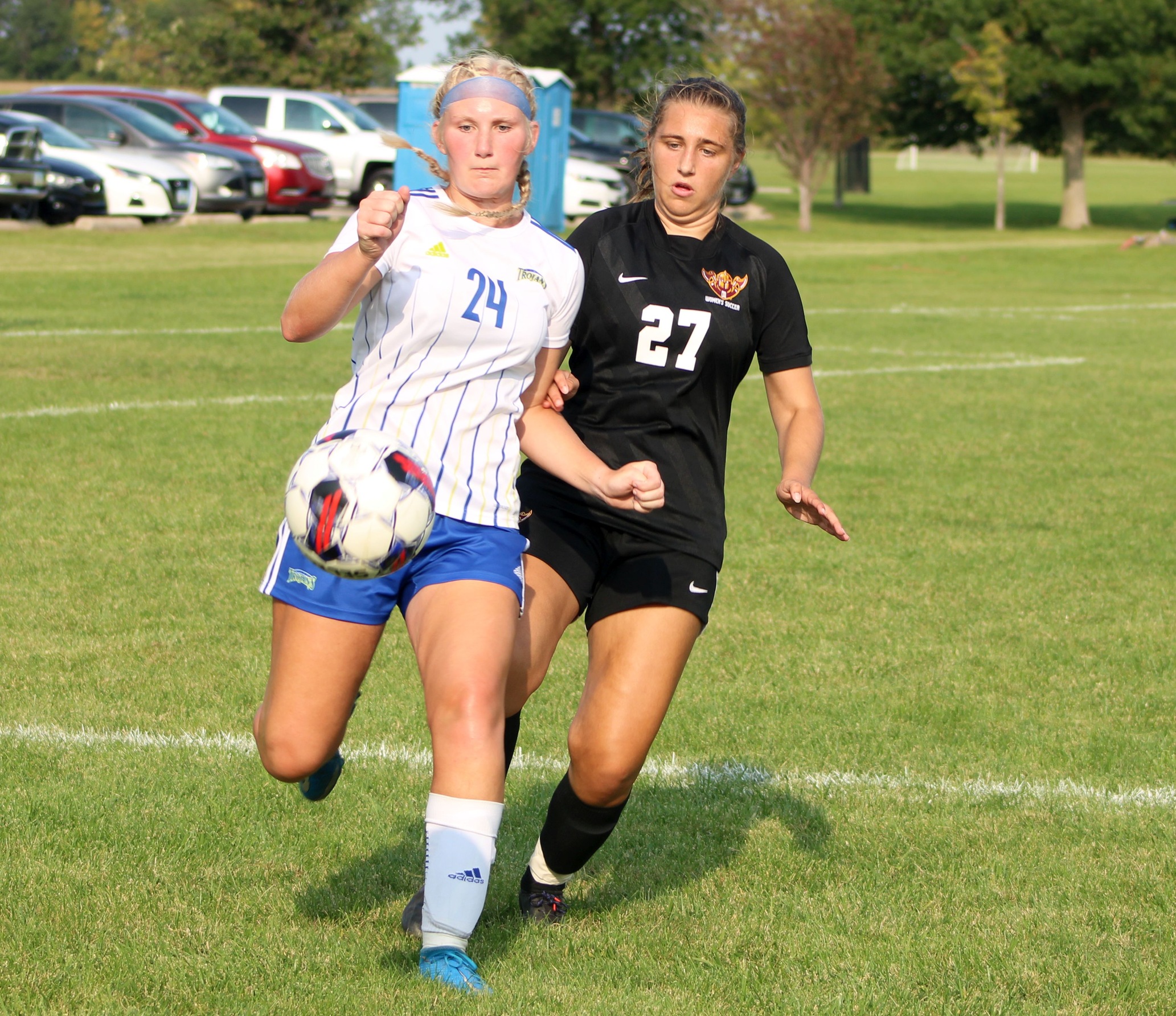 NIACC's Autumn Van Horns battles for the ball in Wednesday's match against Indian Hills.