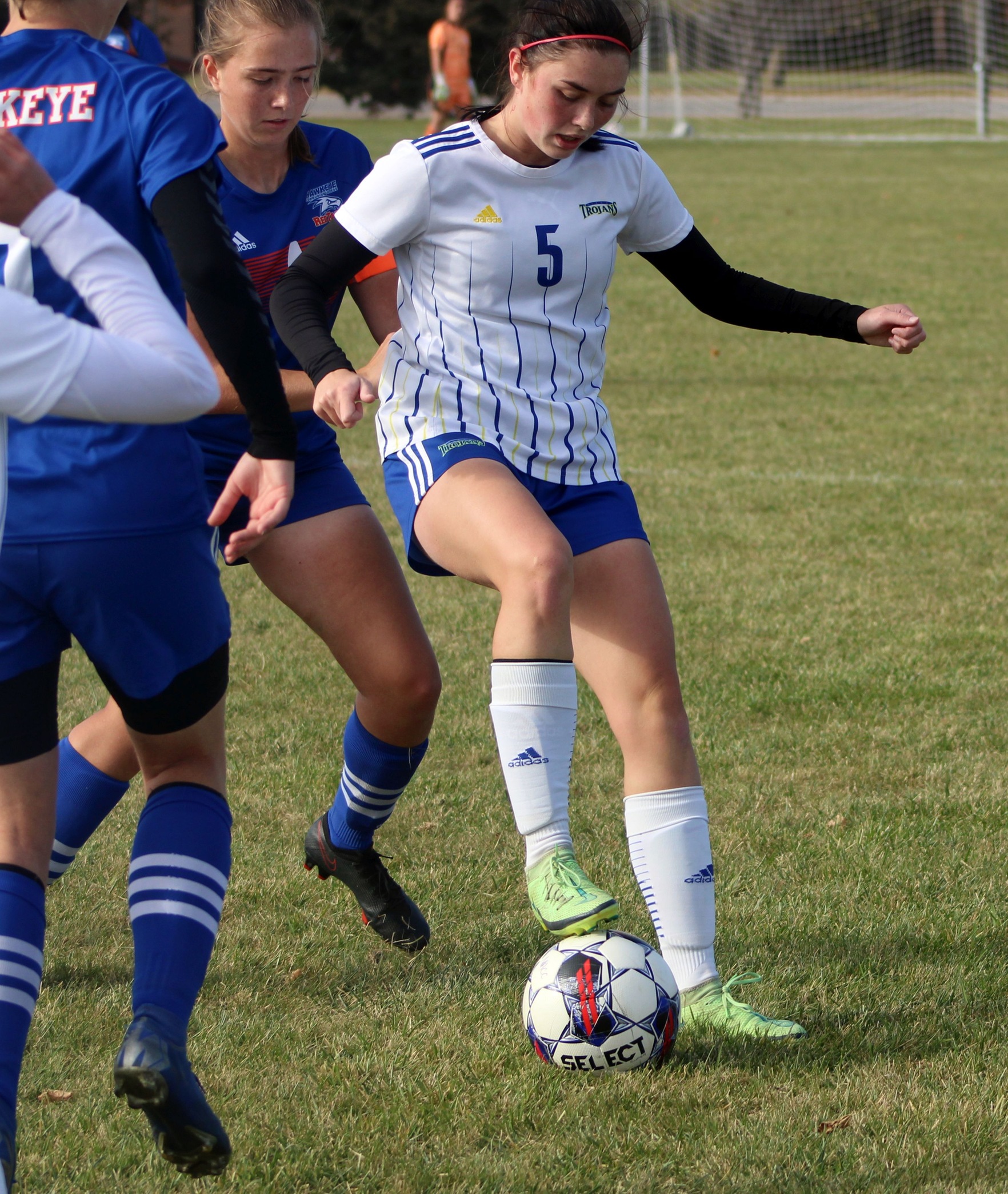 NIACC's Brianna Marchand battles for the ball in Saturday's home match against Hawkeye CC.