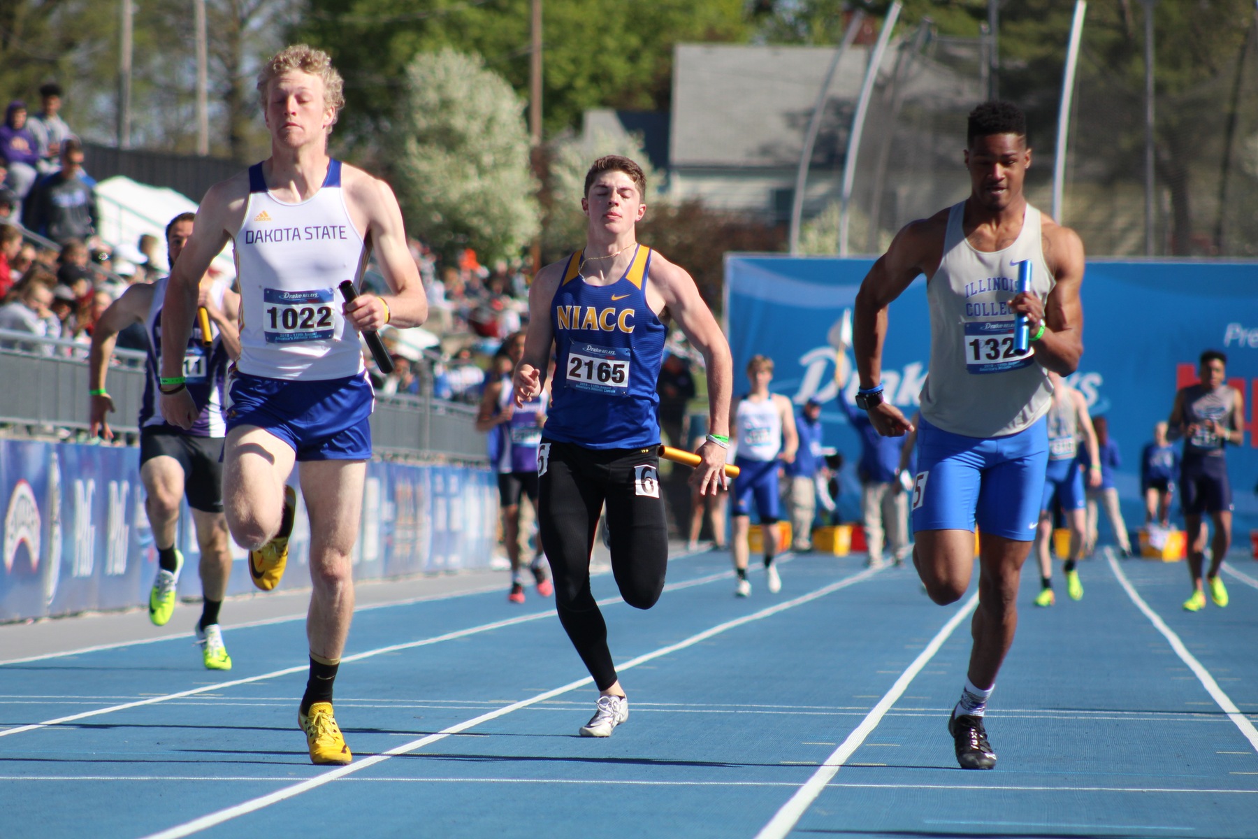 NIACC's Brendan Hoy sprints to the finish line at the Drake Relays in the 4x100 college division preliminaries.