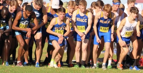 The NIACC men get ready for the start of the NJCAA Region XI meet in 2019.