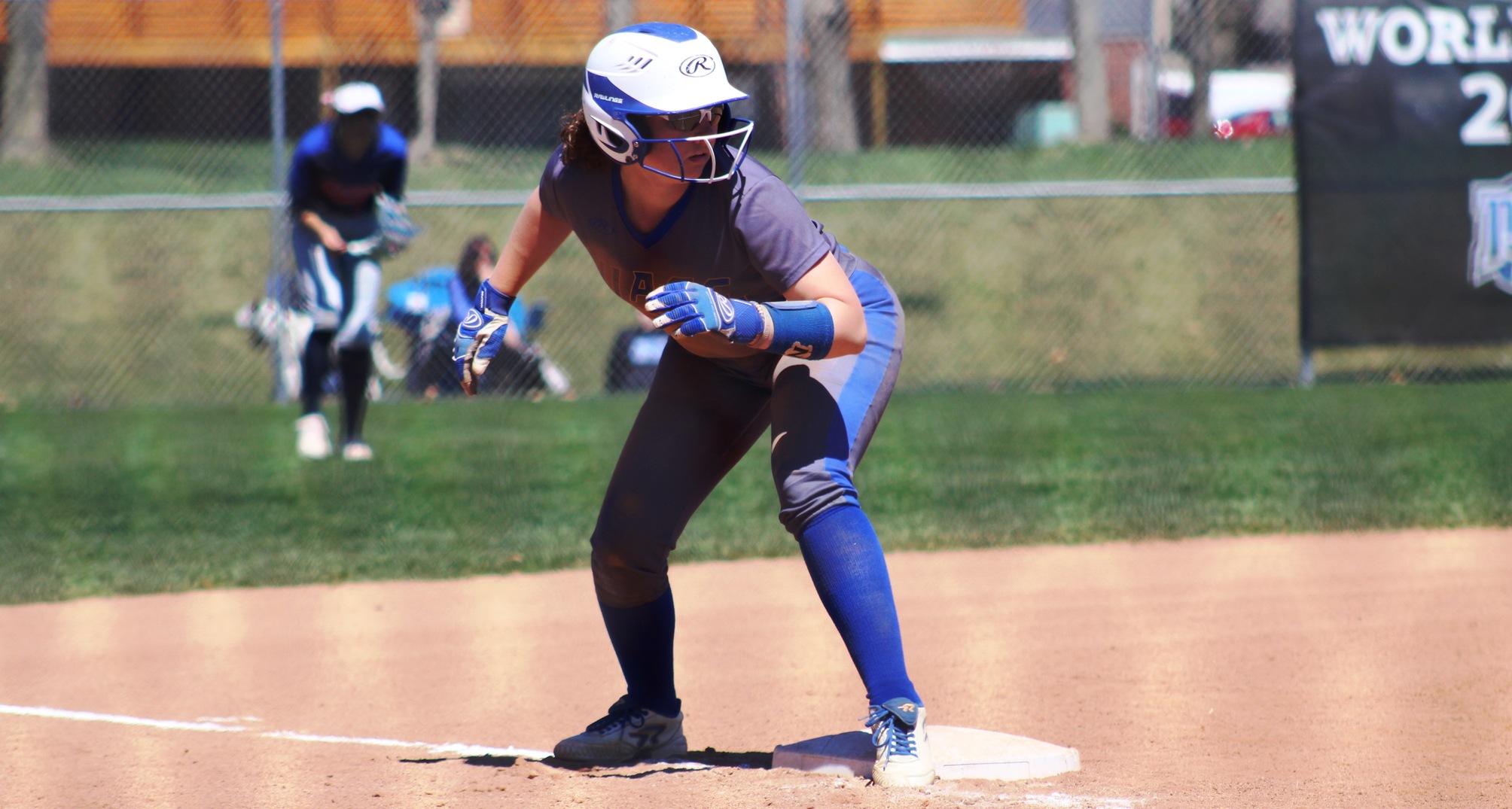 NIACC's Alyssa Laxson waits for the pitch at third base during a game earlier this season against DMACC in Boone.