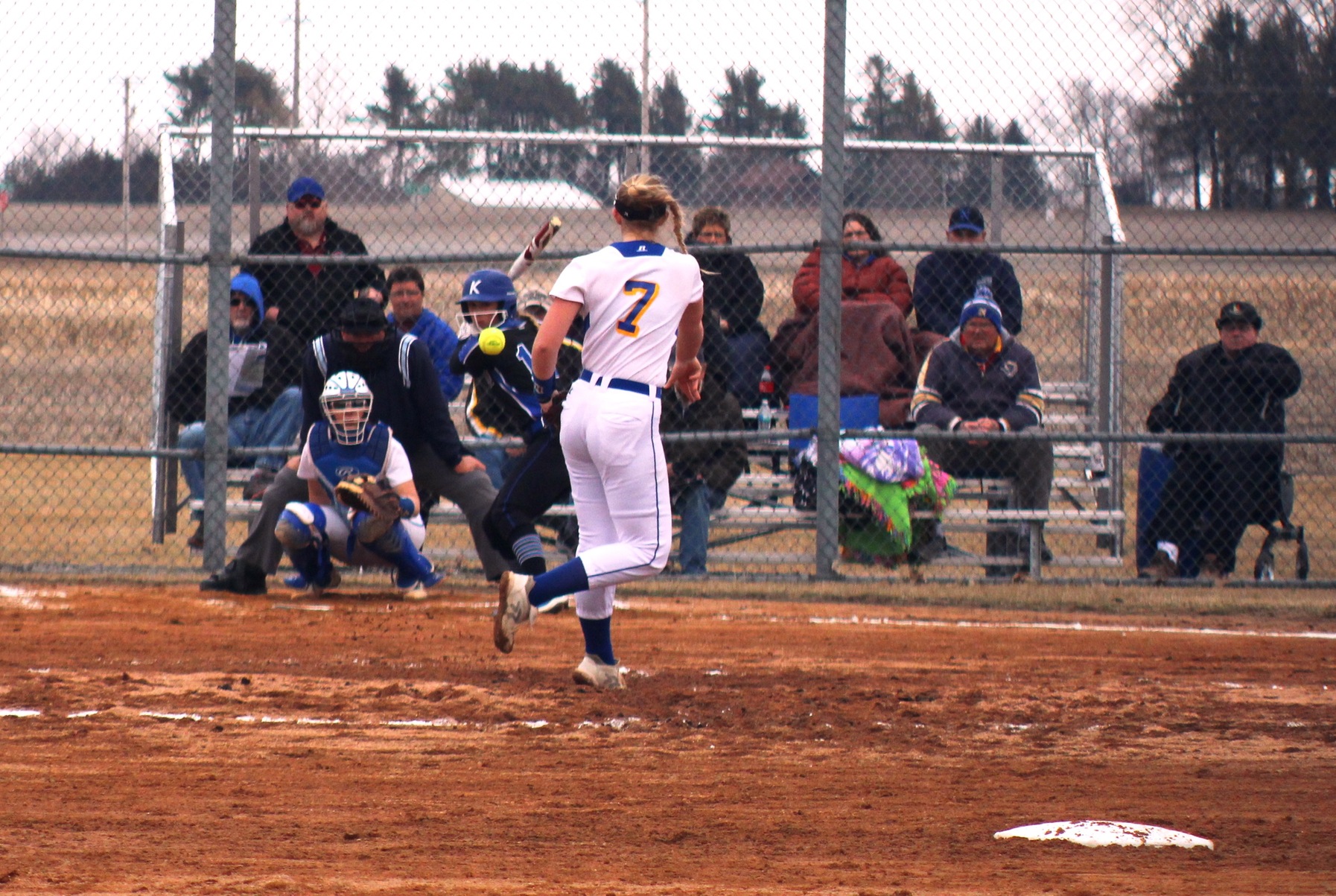NIACC's Kristen Peka delivers a pitch in Wednesday's doubleheader against Kirkwood. Photo by NIACC's Leo Driscoll.