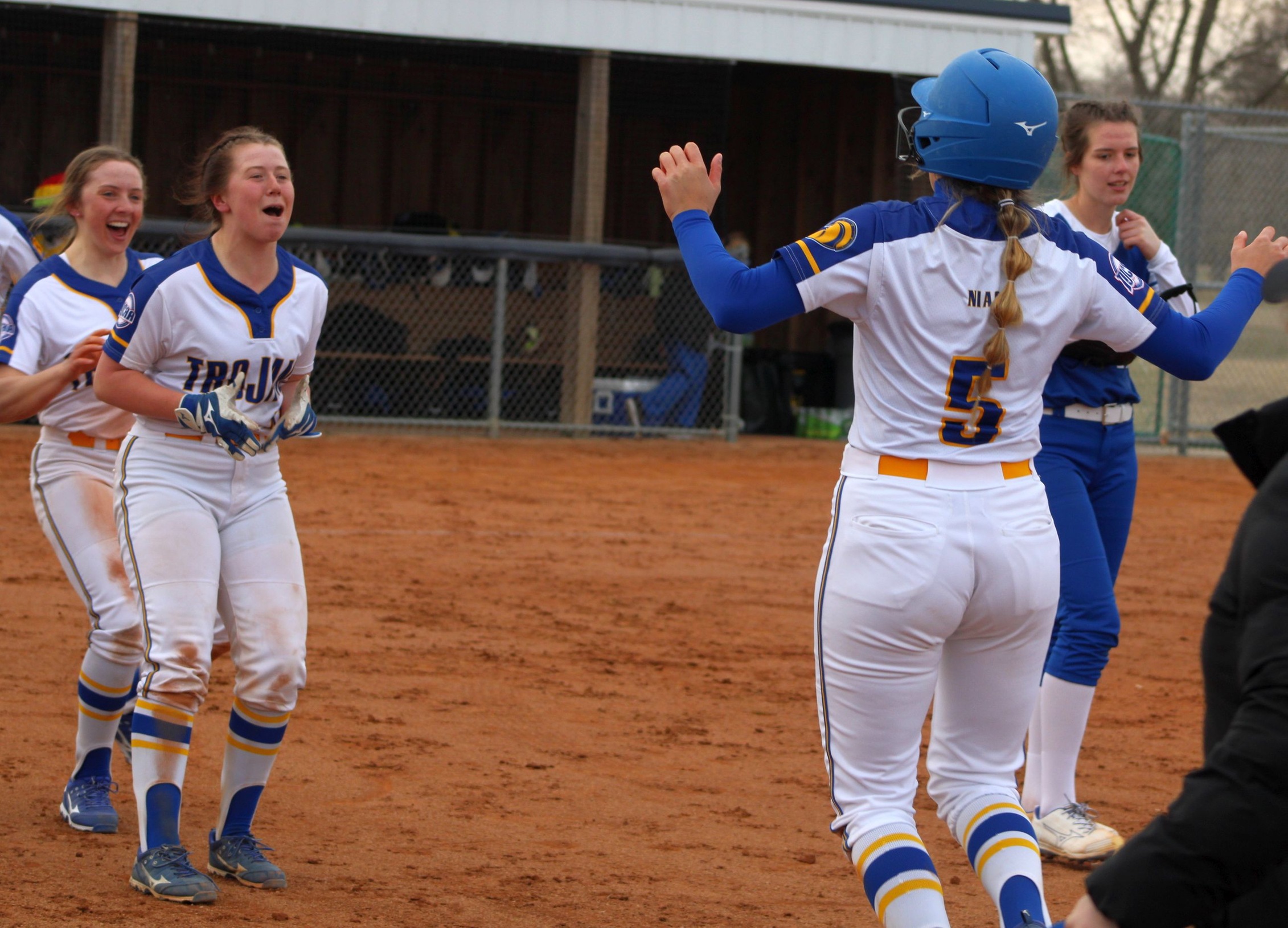NIACC celebrates its 6-5 win over No. 3 DMACC in second game of doubleheader on Friday in Boone.