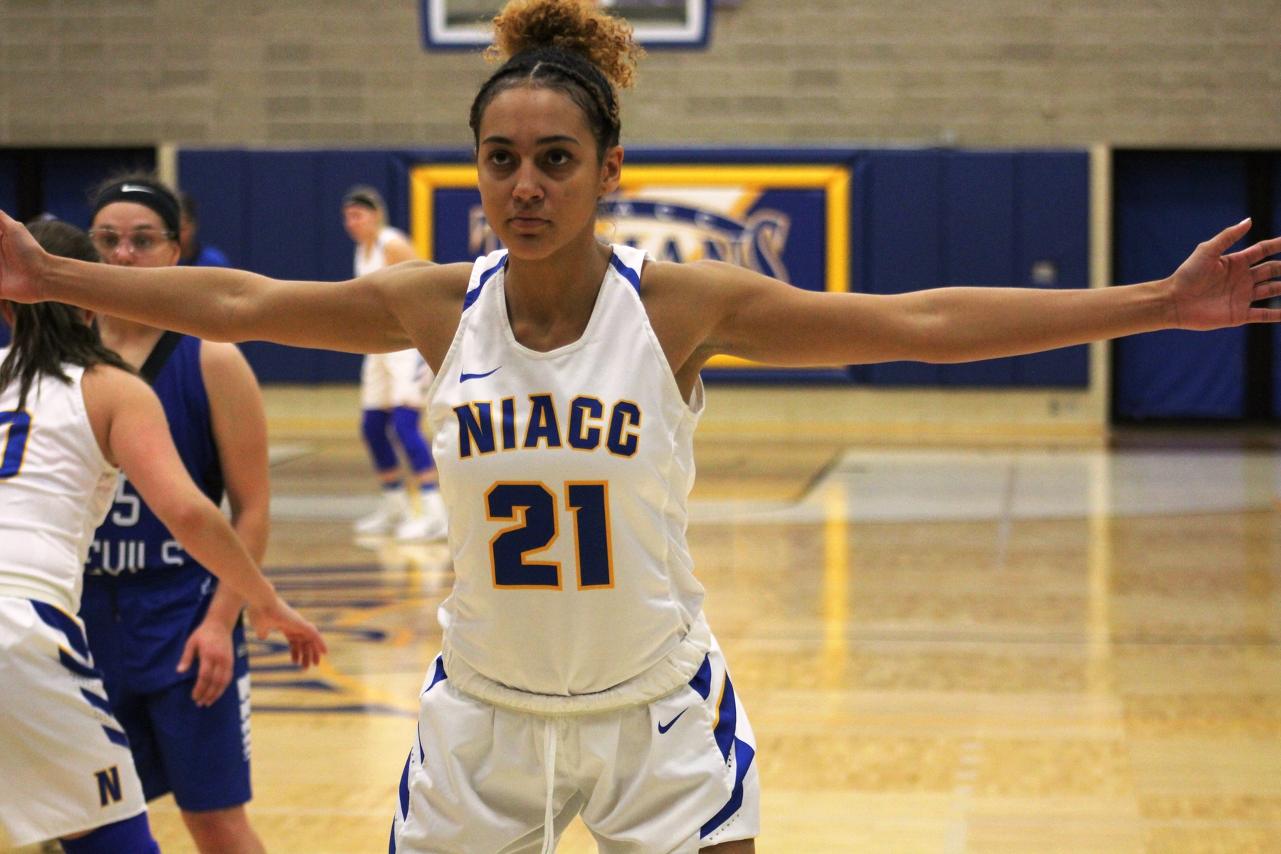 NIACC's Laker Ward defends in Tuesday's game against Riverland CC in the NIACC gym.
