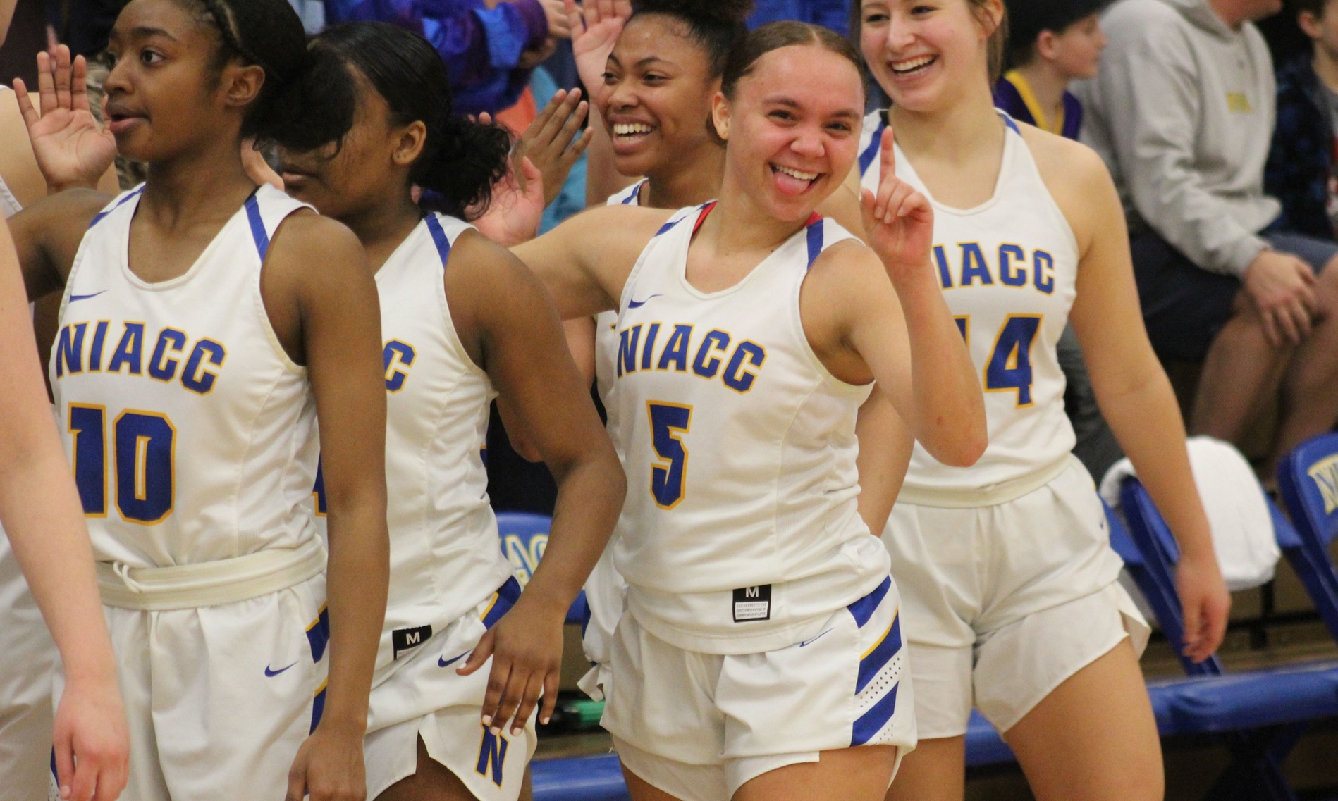 The NIACC women's basketball team was all smiles after Saturday's win over Kirkwood.