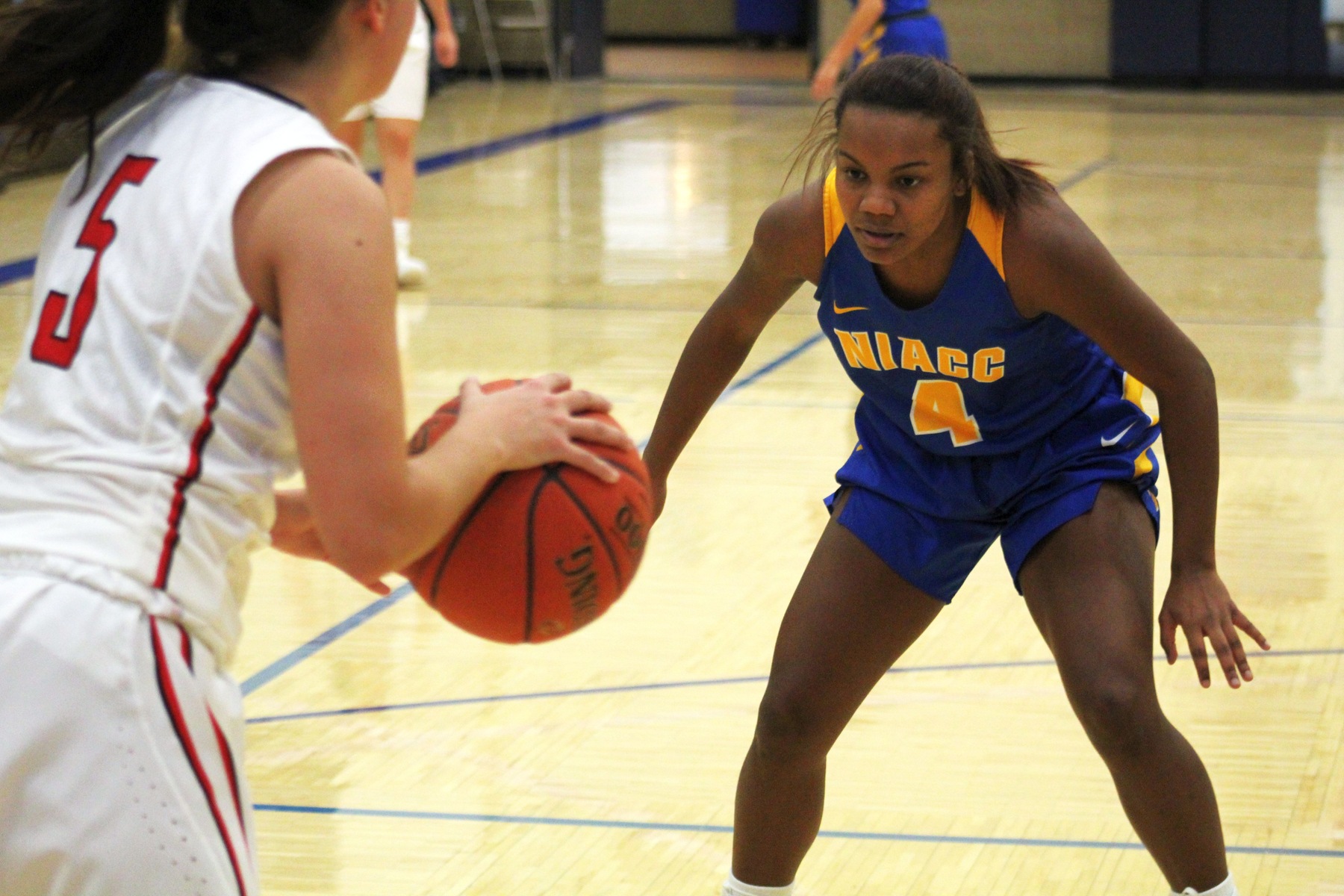 NIACC's Sana'a Smith defends during Saturday's game against Northeast CC in Fort Dodge.