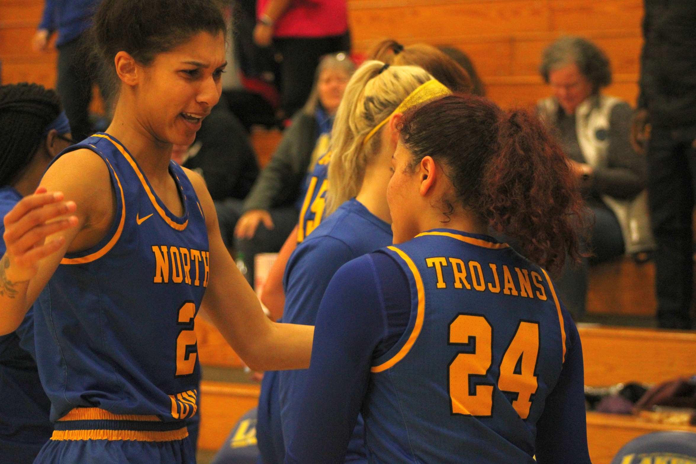 NIACC's Kourtney Manning and Audrey Martinez-Stewart celebrate after Wednesday's win over Iowa Lakes.