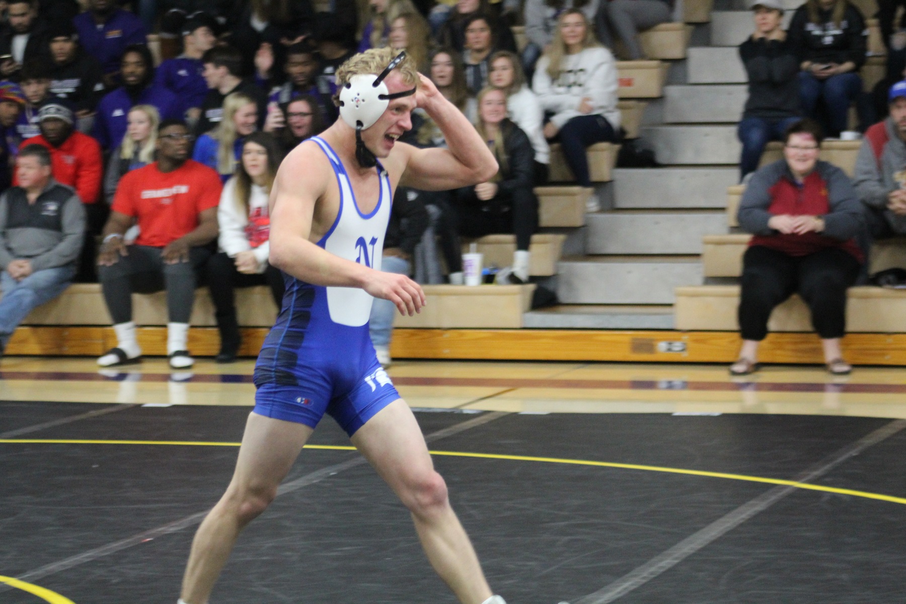 NIACC's Brock Luthens comes off the mat after his upset over top-ranked Hector Candelaria of Ellsworth on Wednesday.