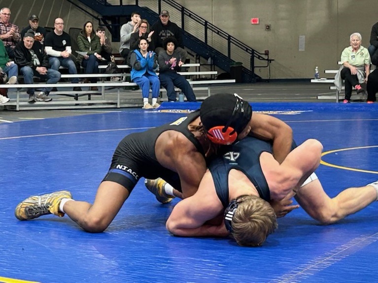 NIACC's Isaac Church controls Iowa Central's Ben Fosdick in their 141-pound match Wednesday in the NIACC recreation center.