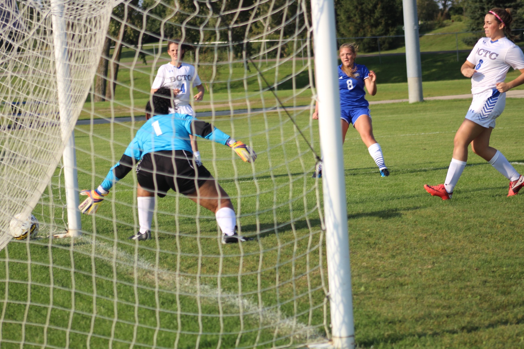 Rylie Smith scores the first goal of the season for the NIACC women's soccer team in Saturday's match against DCTC.