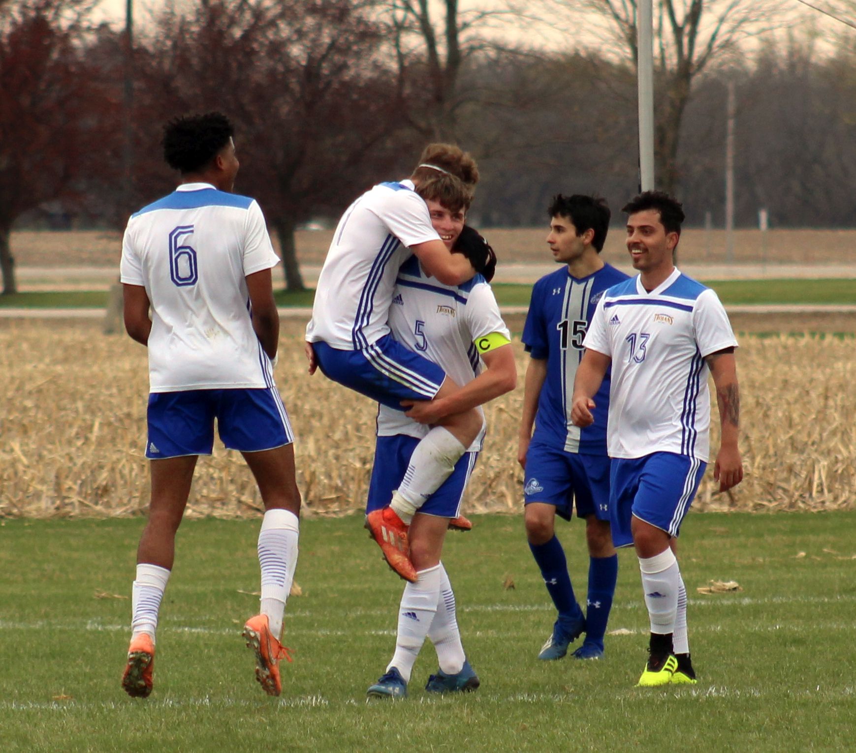 NIACC players celebrate a goal in Thursday's win over DCTC.