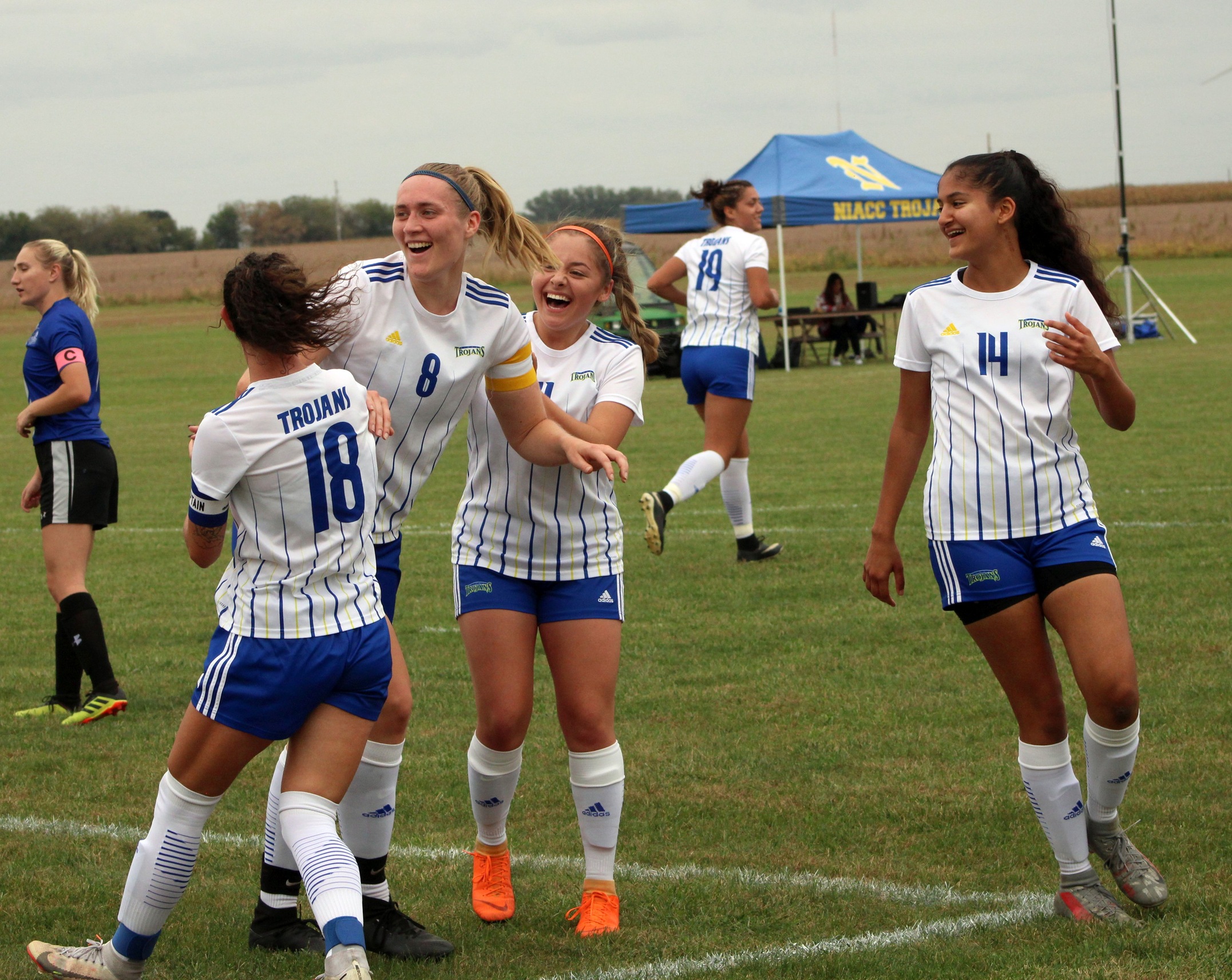 NIACC players celebrate Jette Busche's goal in the first half of Tuesday's match against DCTC.