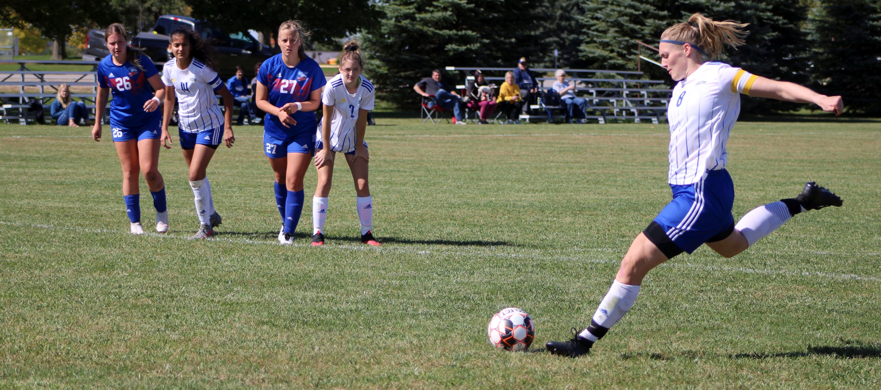 NIACC's Jette Busche scores her second goal of Saturday's contest on a penalty kick.
