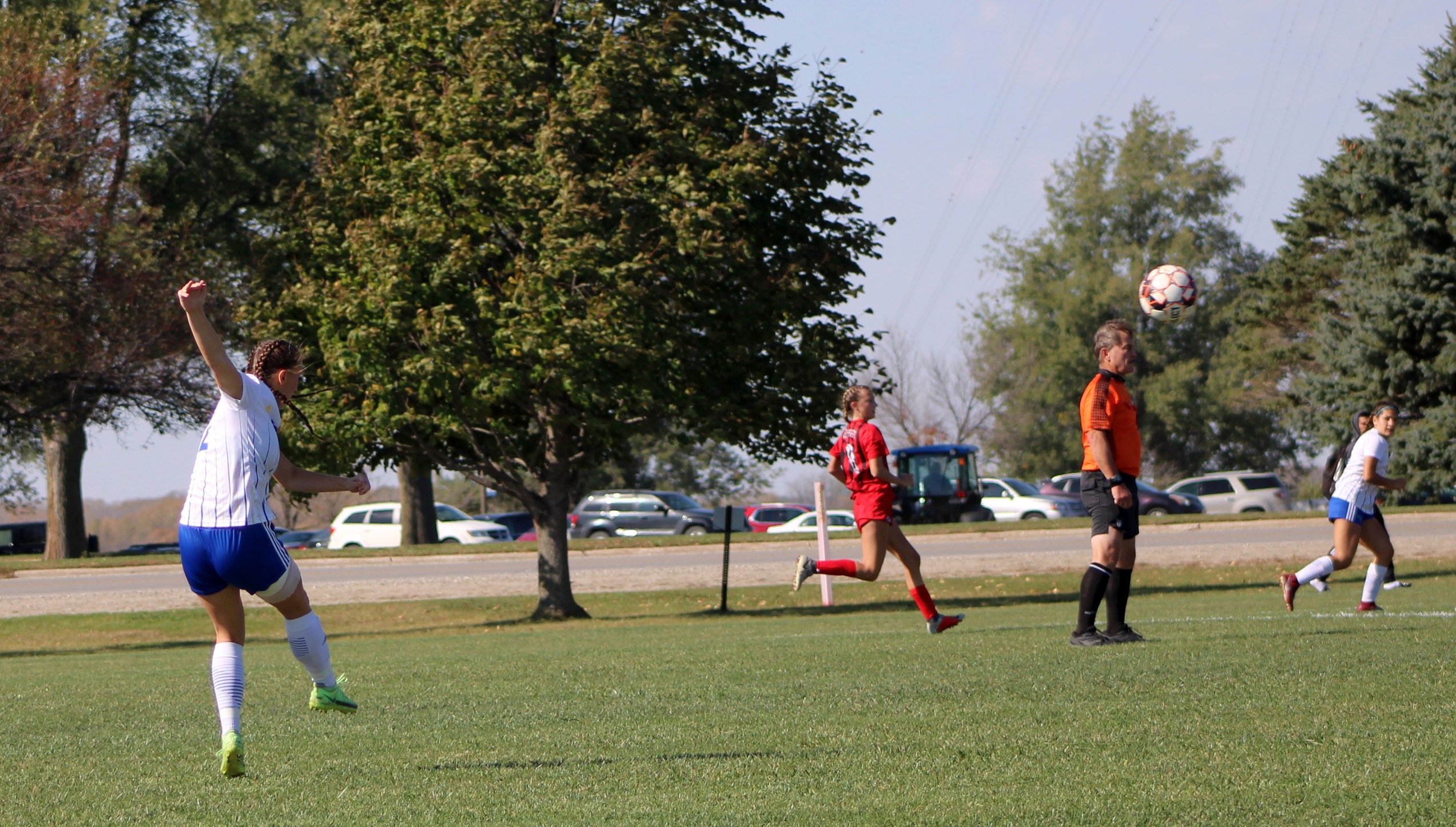 NIACC's Claire McCardle kicks the ball toward the goal in Tuesday's ICCAC home match against Northeast CC.