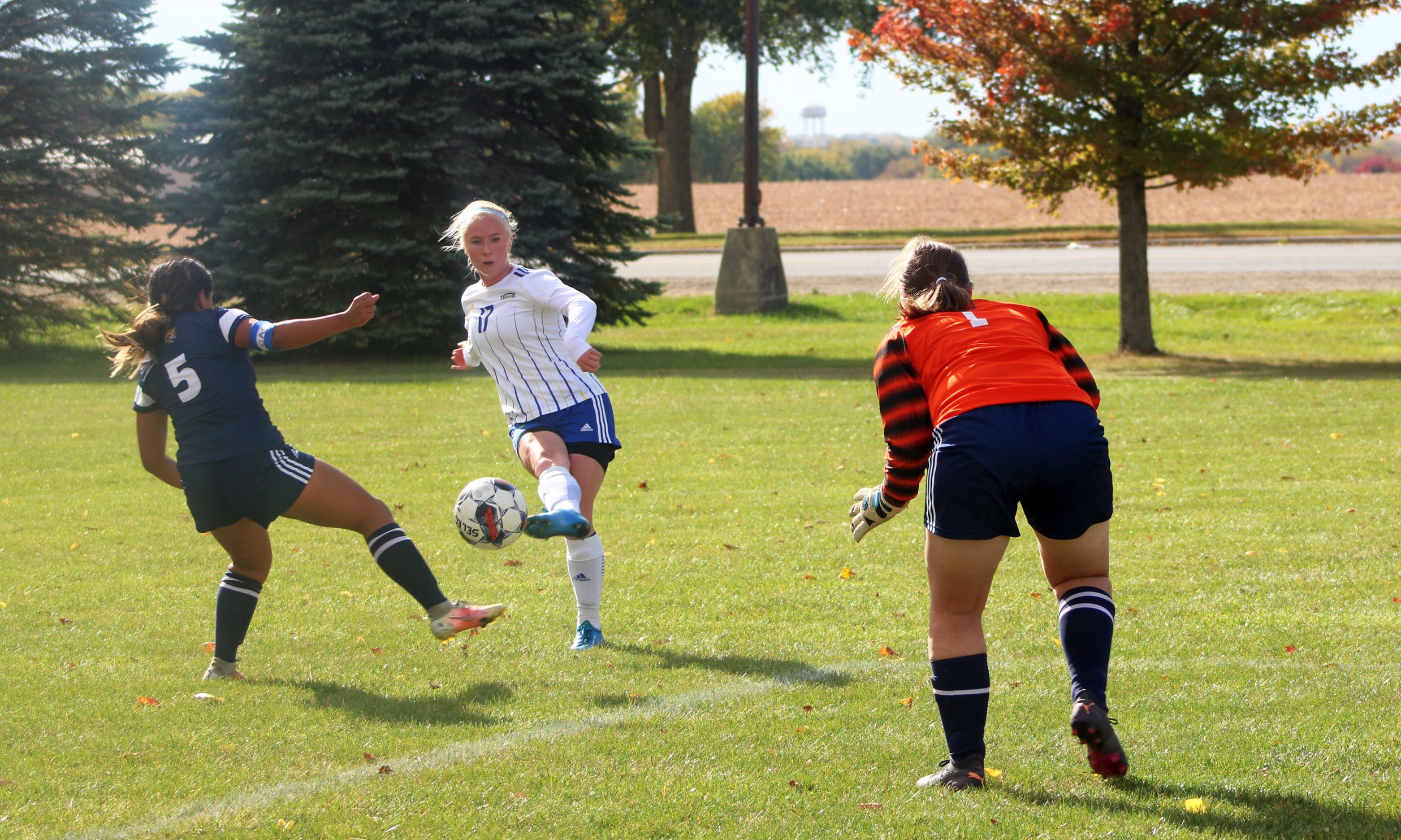 NIACC's Liv Staberg scores a first-half goal against Marshalltown CC on Wednesday.