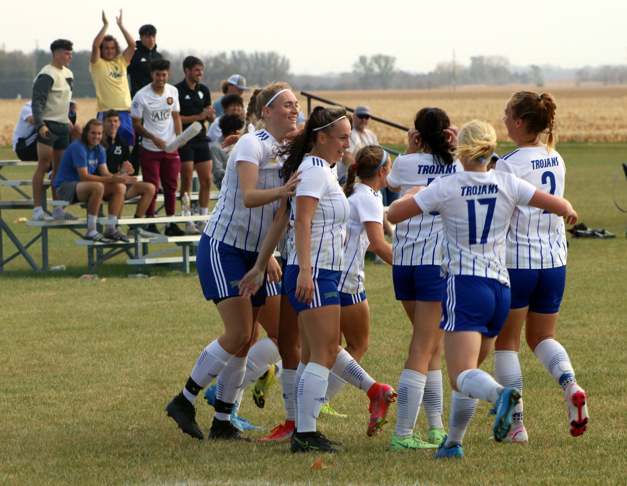 The NIACC women's soccer team celebrates a goal in Sunday's regional tournament win over Scott CC.