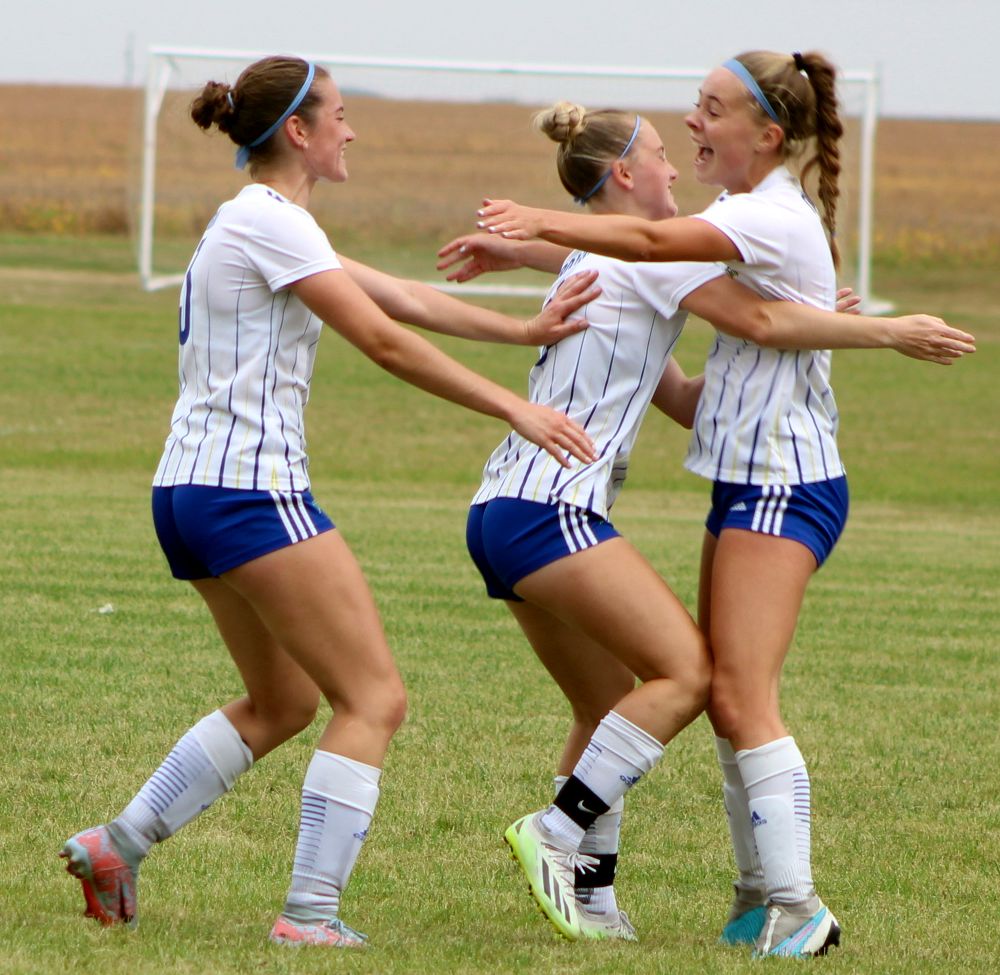 NIACC celebrates a goal by Hallie Levi (far right) in Saturday's 8-1 win over Scott CC. Levi recorded a hat trick in Saturday's match.