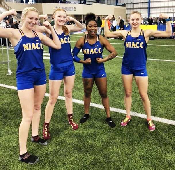 NIACC's Cecelia Hemsworth, Ally Trager, Dashawn Wyatt and Emma Davison celebrate after qualifying for nationals in the DMR.