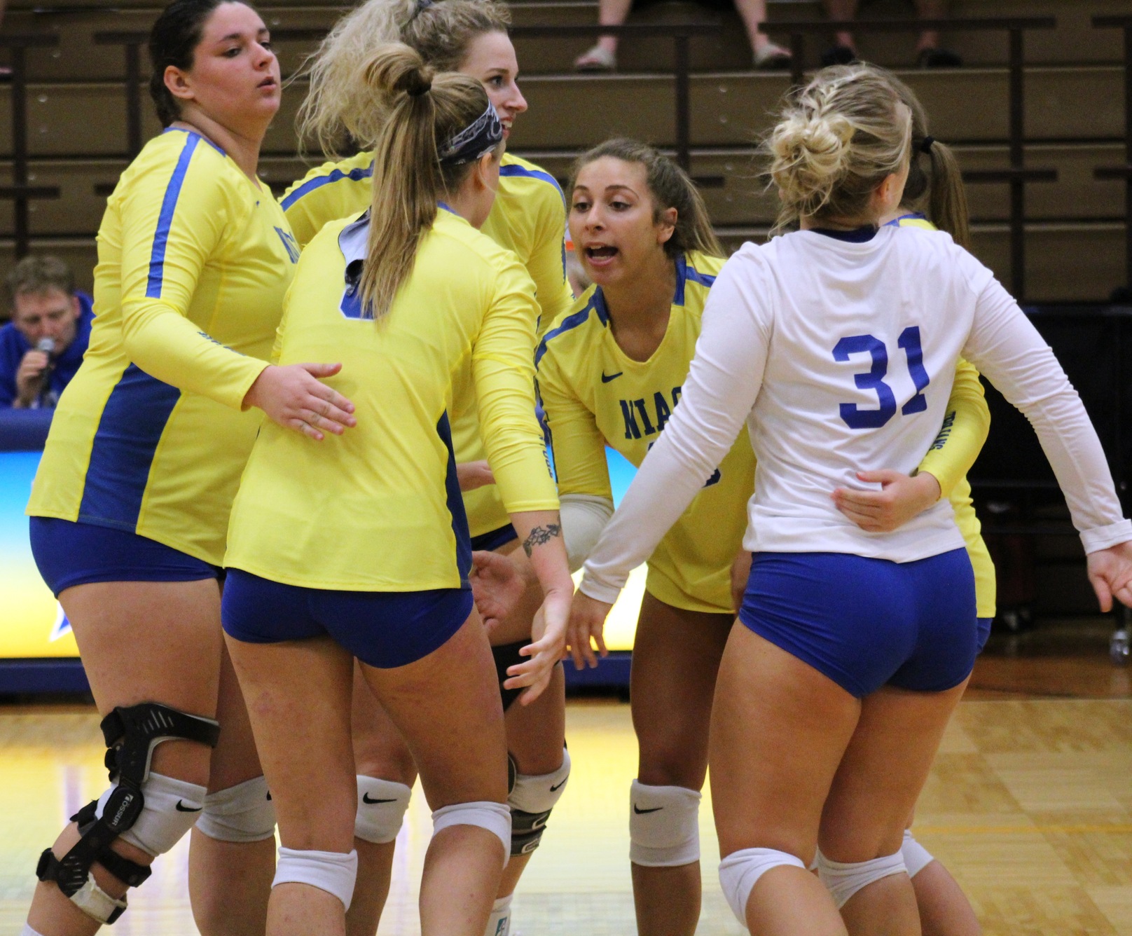 NIACC players celebrate a point in last week's ICCAC home match against DMACC.