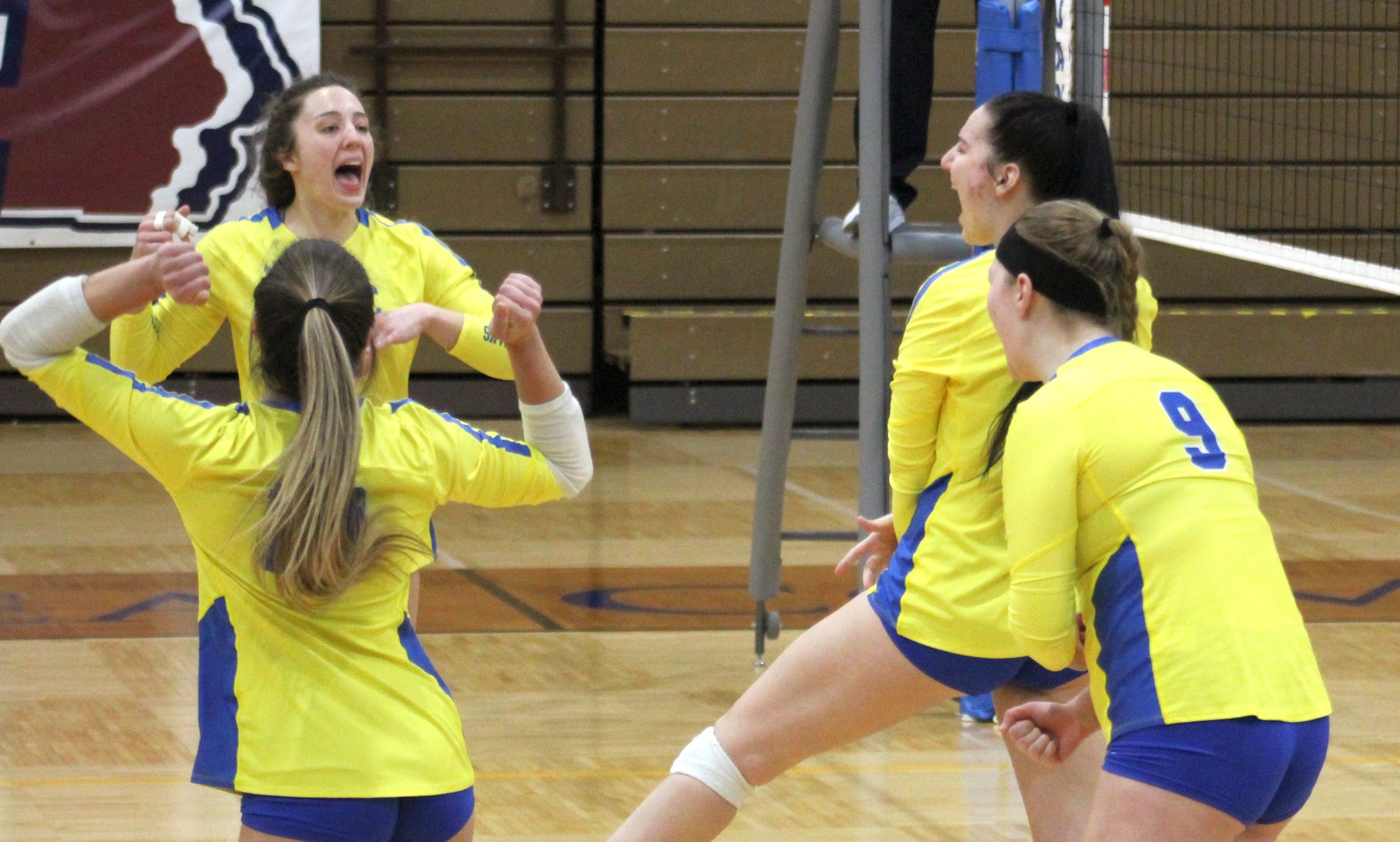 NIACC players celebrate a point in Thursday's win over Northeast CC.