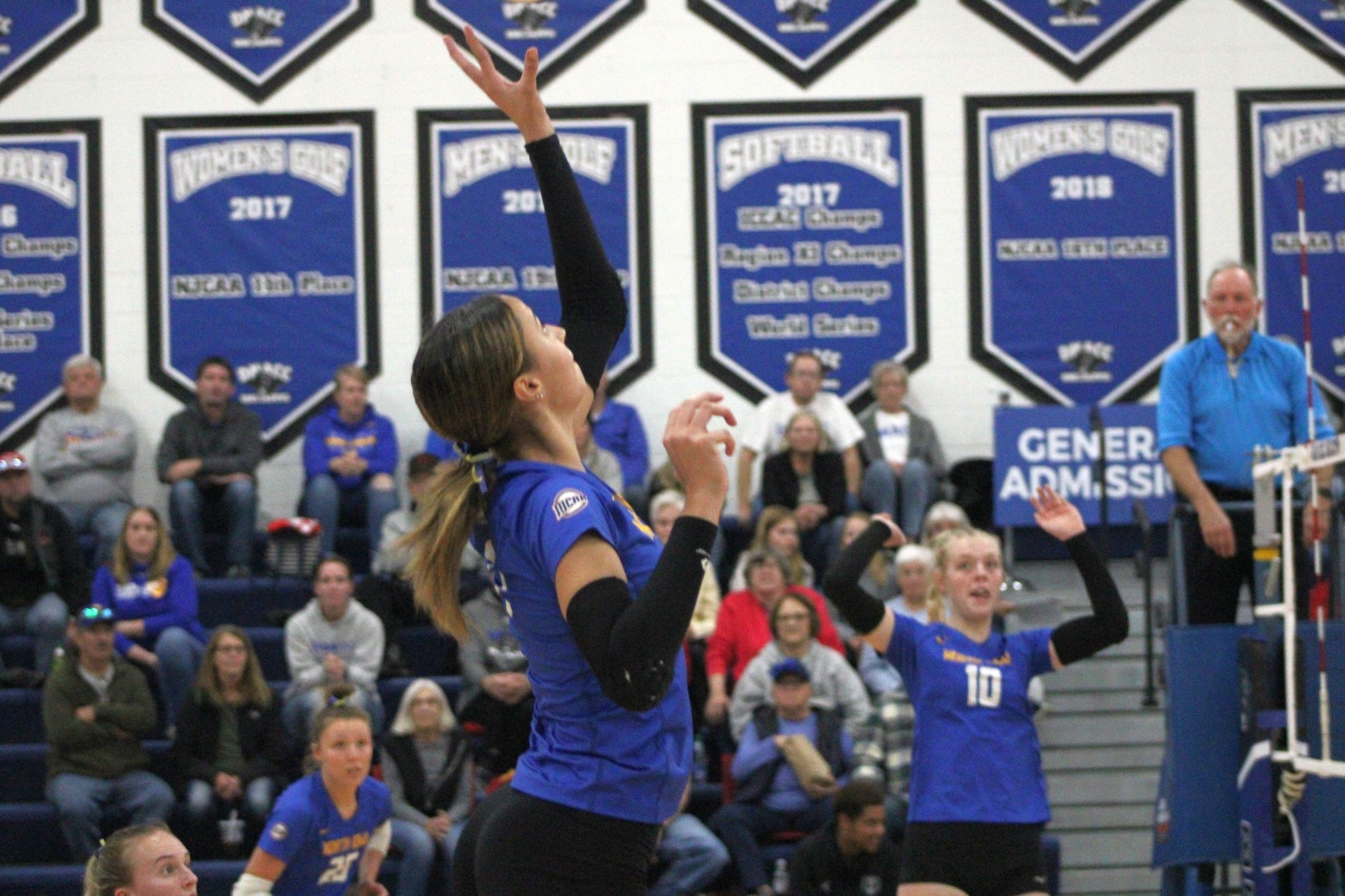 NIACC's Jaida Hansen goes up for the attack in Wednesday's regional tournament match against DMACC.