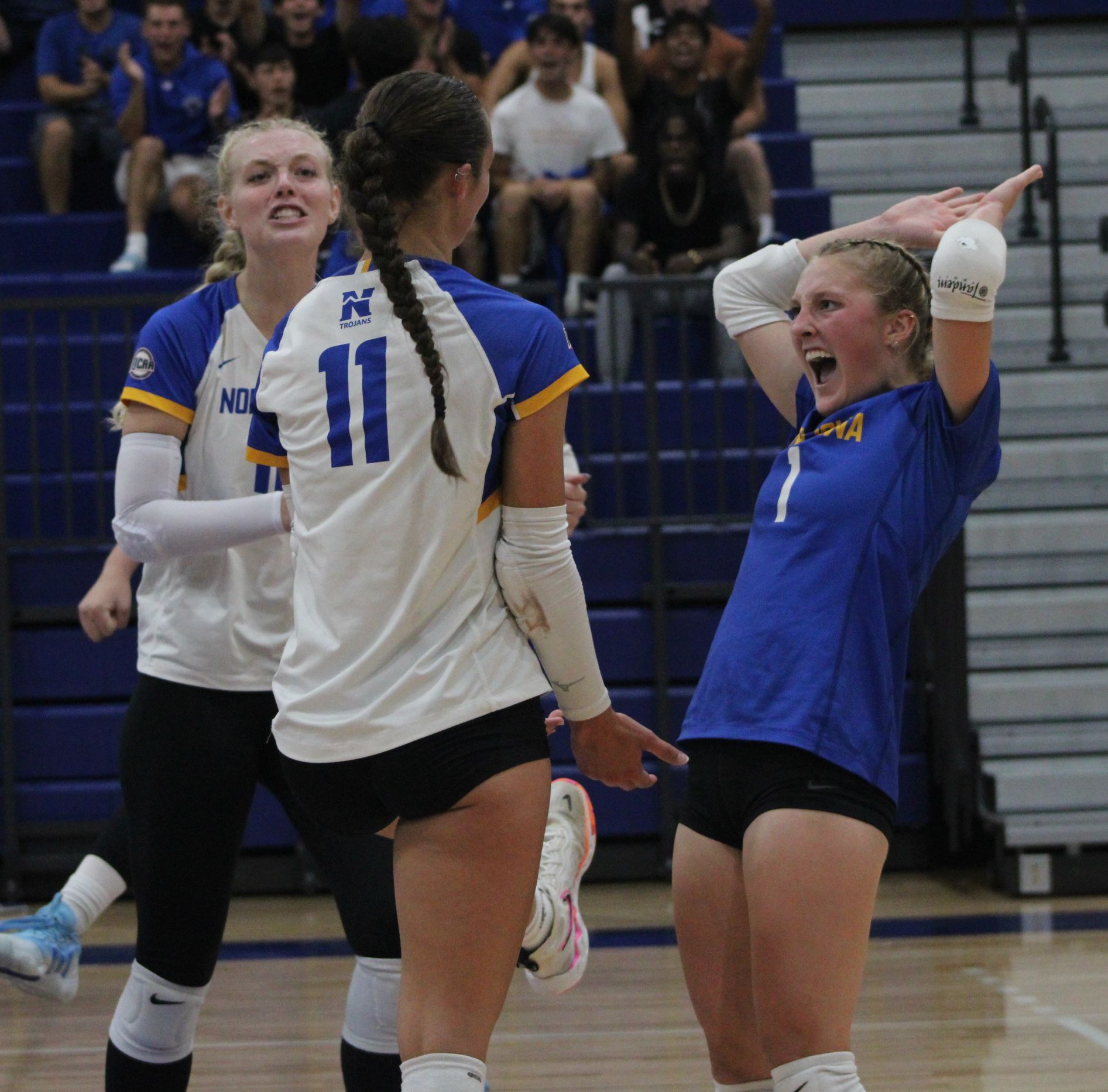 NIACC celebrates a point in its 3-1 win over Marshalltown CC Wednesday night in the NIACC gym.